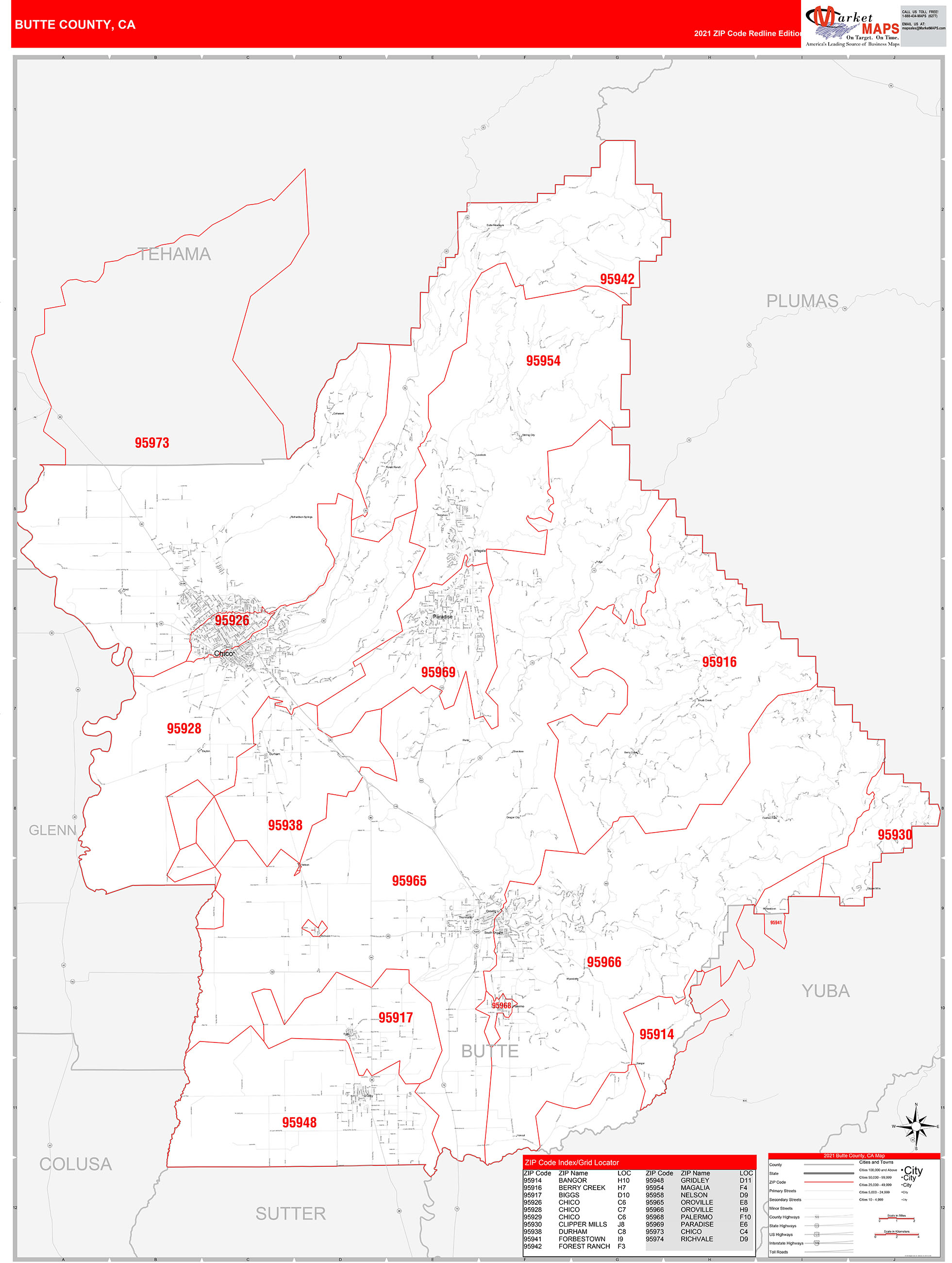 Butte County, CA Zip Code Wall Map Red Line Style by MarketMAPS - MapSales