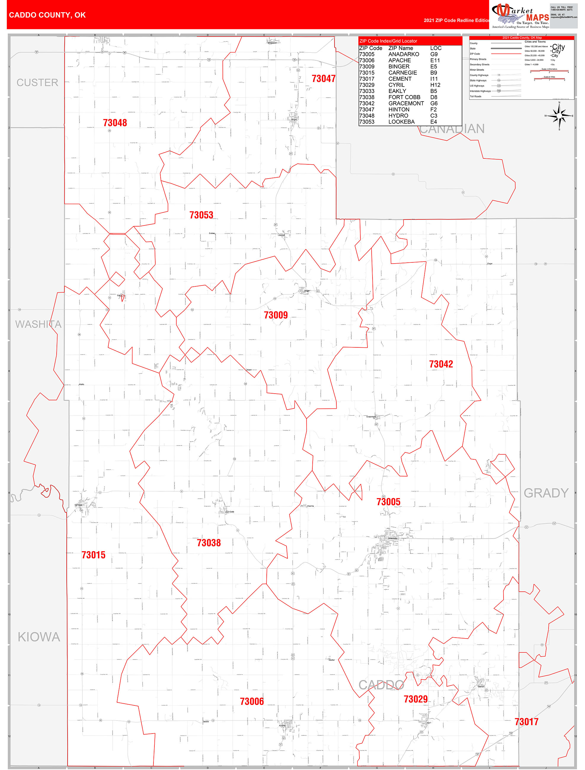 Caddo County Ok Zip Code Wall Map Red Line Style By Marketmaps Mapsales