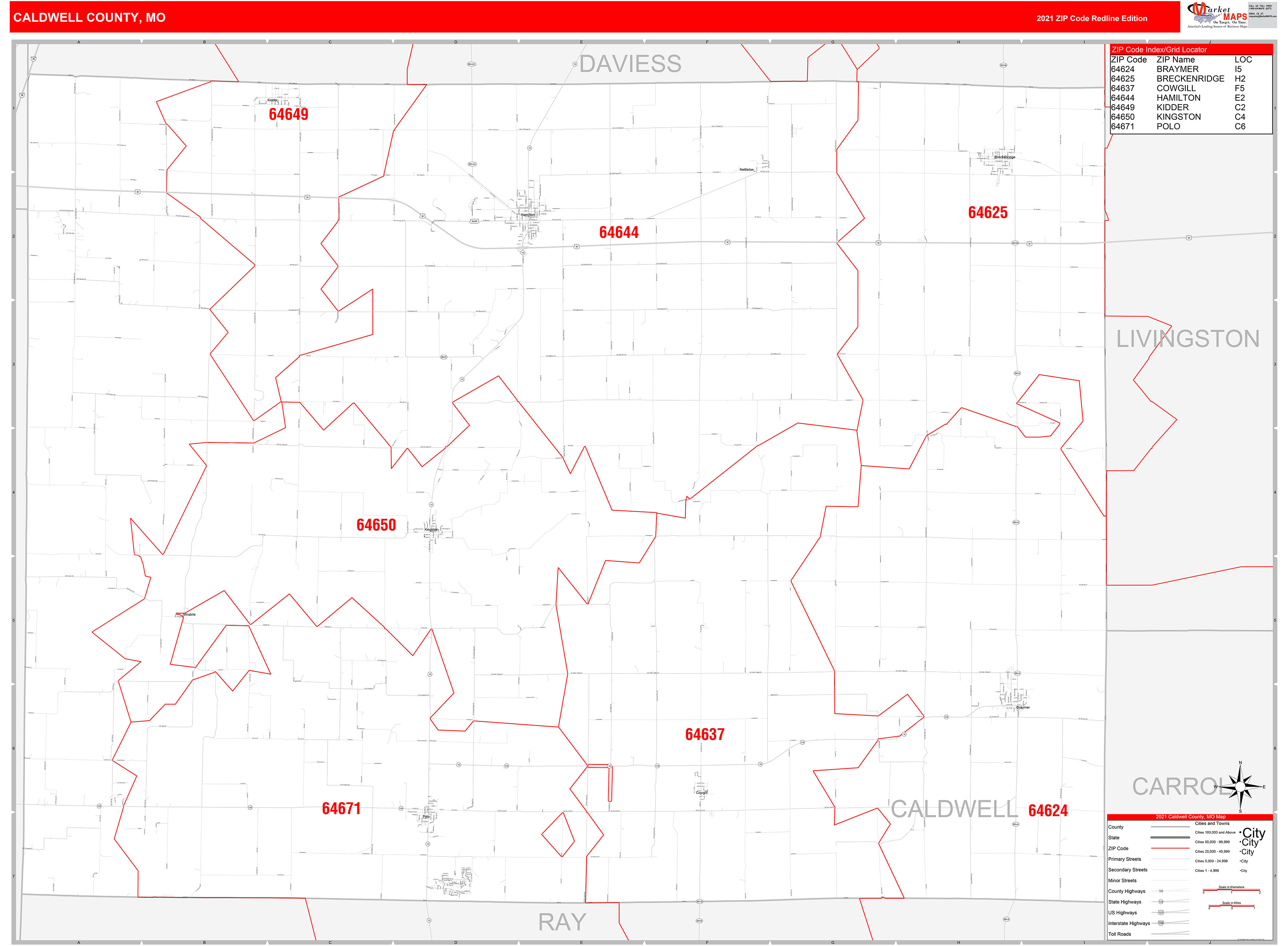 Caldwell County Mo Zip Code Wall Map Red Line Style By Marketmaps