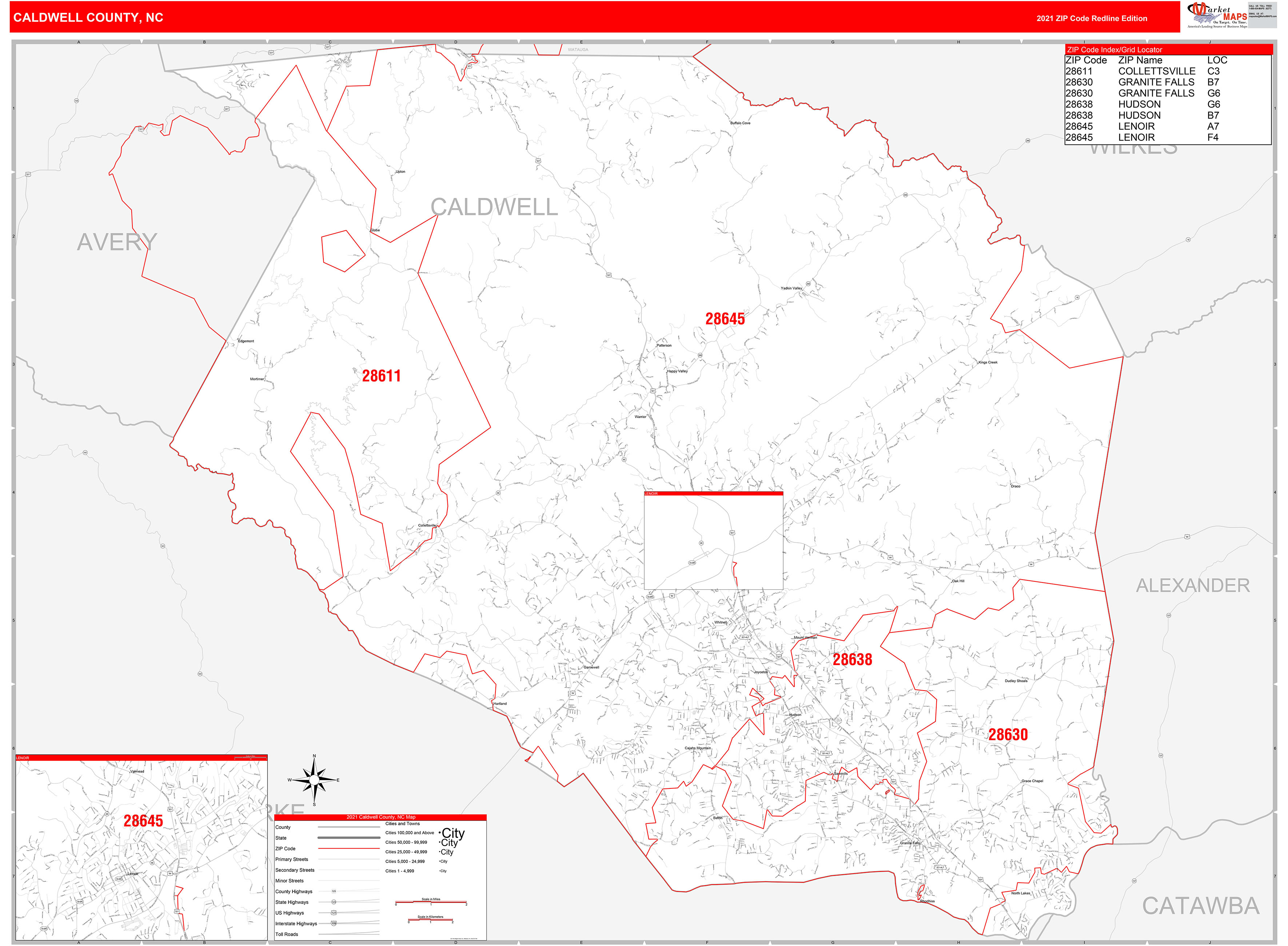 Caldwell County, NC Zip Code Wall Map Red Line Style by MarketMAPS