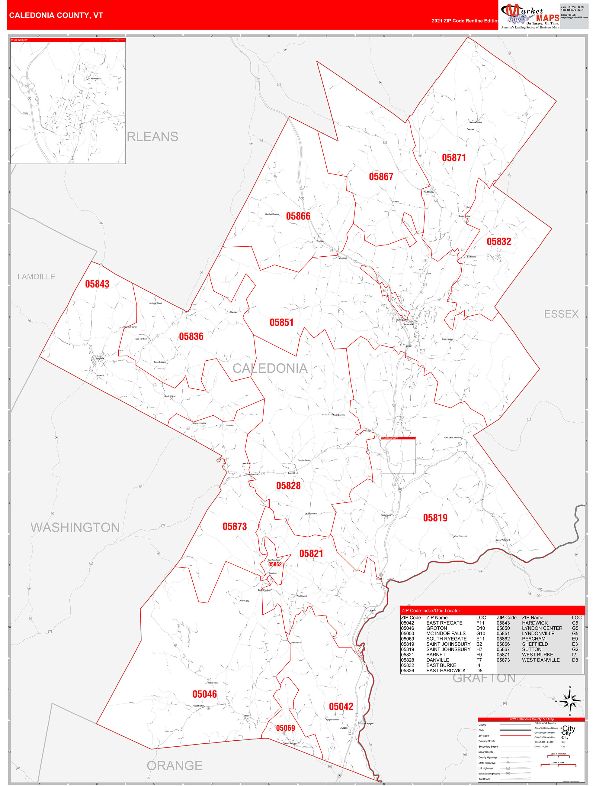 Caledonia County, VT Zip Code Wall Map Red Line Style by MarketMAPS ...