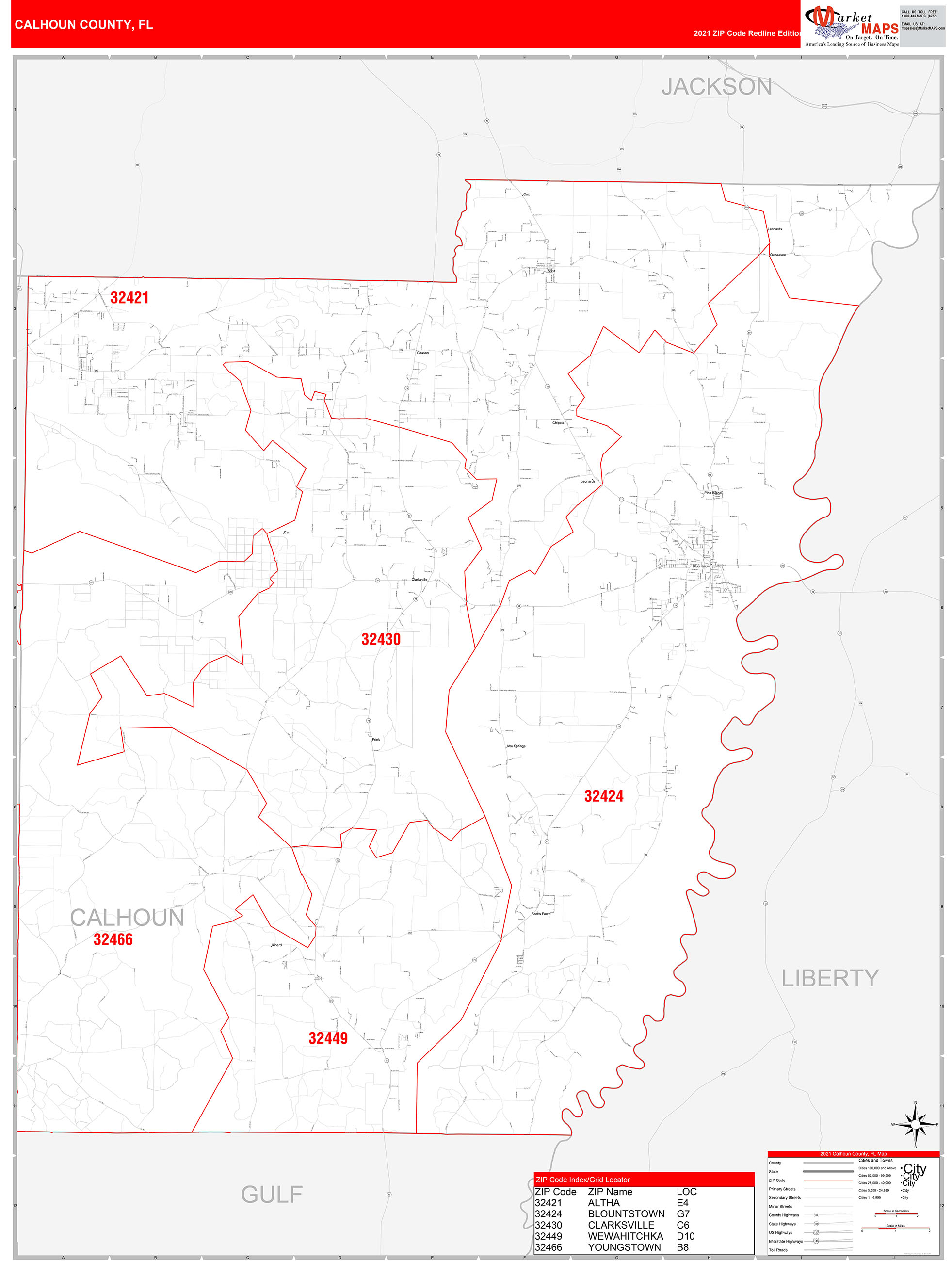 Calhoun County, Fl Zip Code Wall Map Red Line Style By Marketmaps 