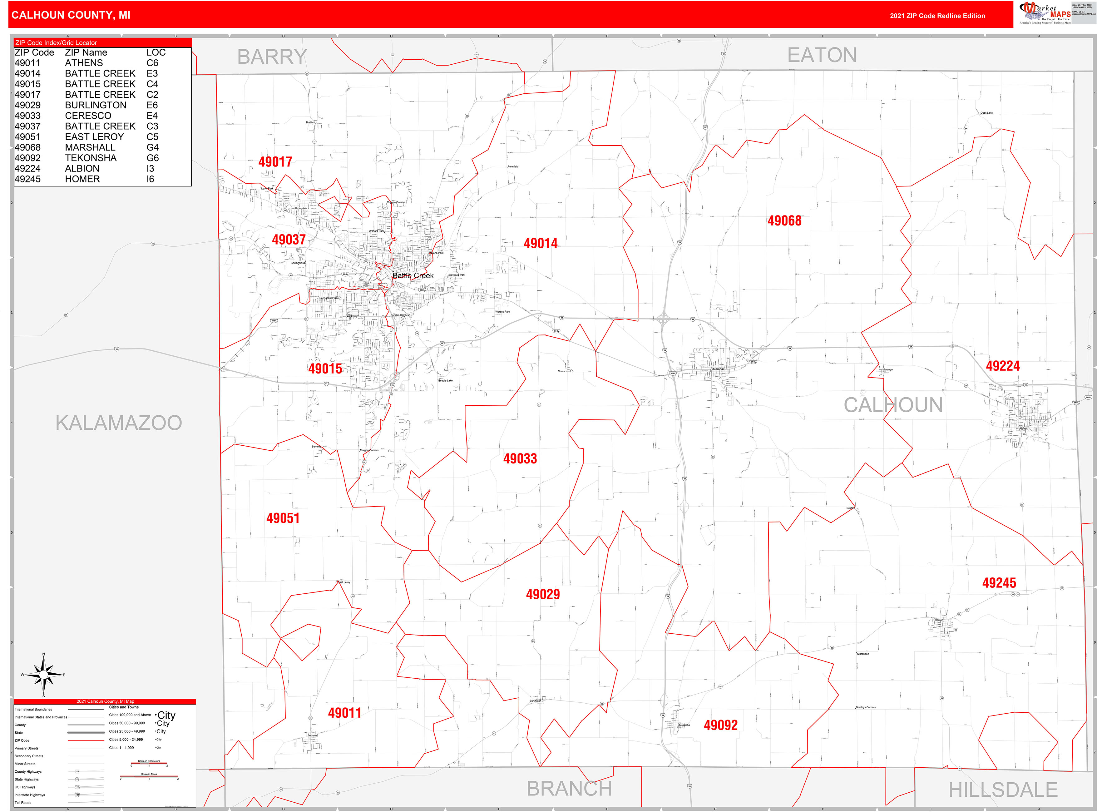 Calhoun County Mi Zip Code Wall Map Red Line Style By Marketmaps 1848