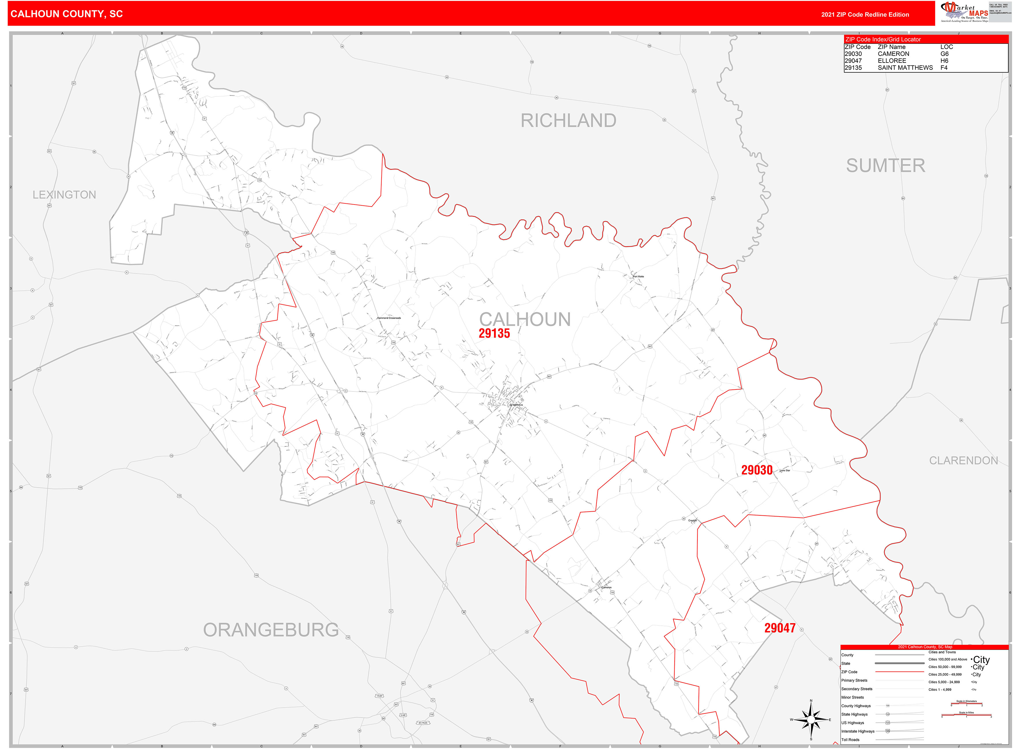 Calhoun County, SC Zip Code Wall Map Red Line Style by MarketMAPS