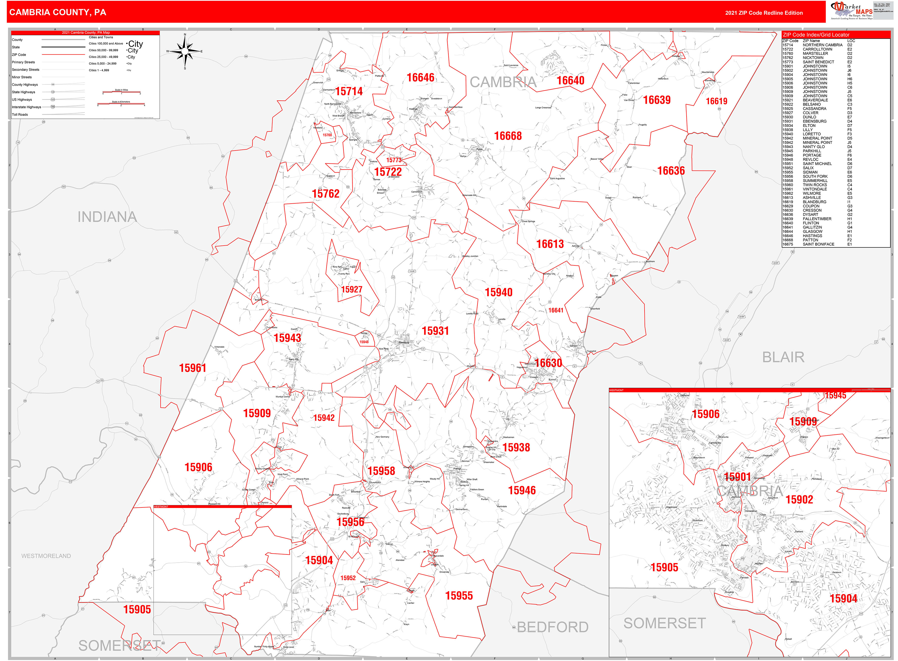 Cambria County, PA Zip Code Wall Map Red Line Style by MarketMAPS