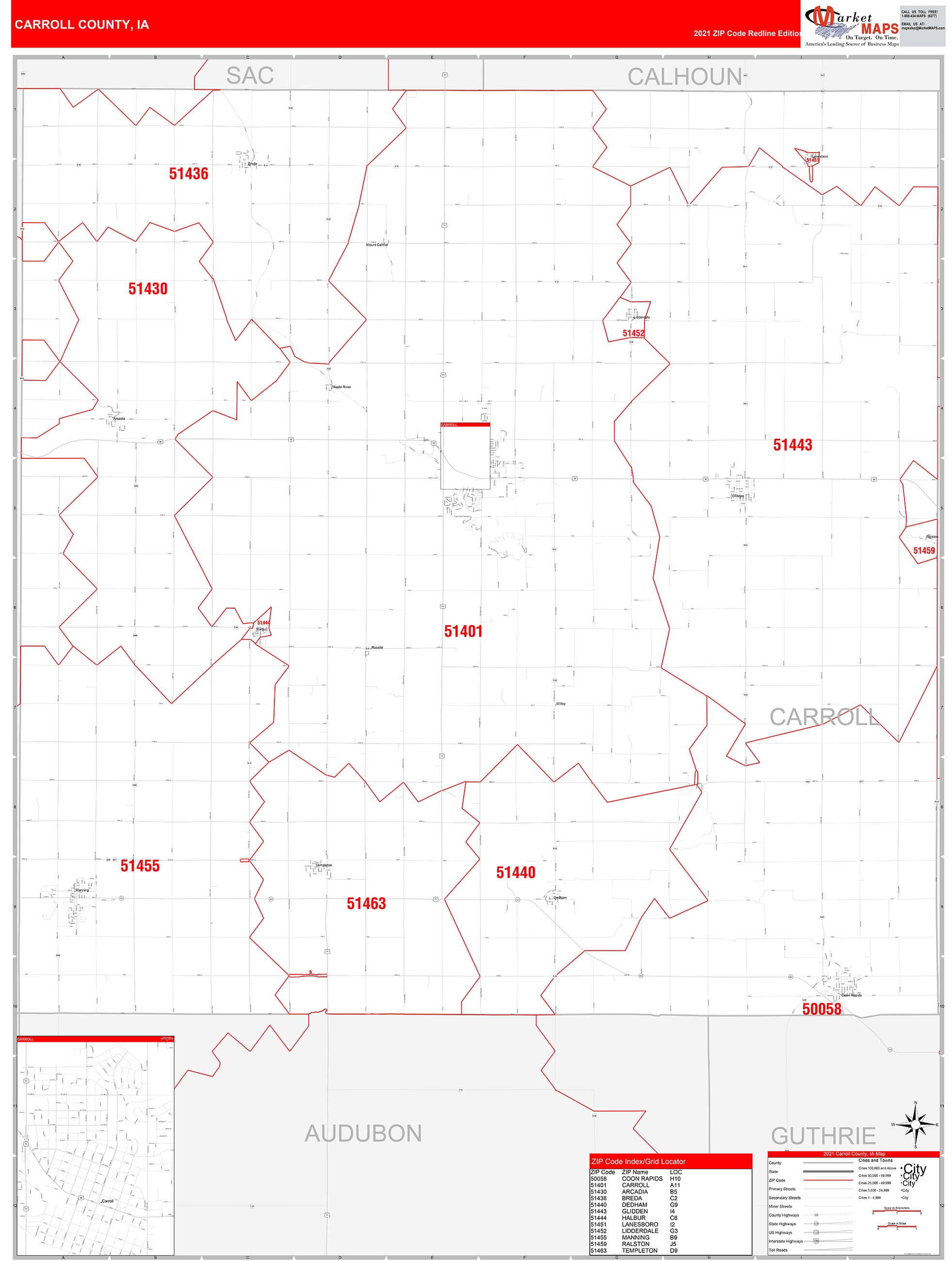 Carroll County, IA Zip Code Wall Map Red Line Style by MarketMAPS ...