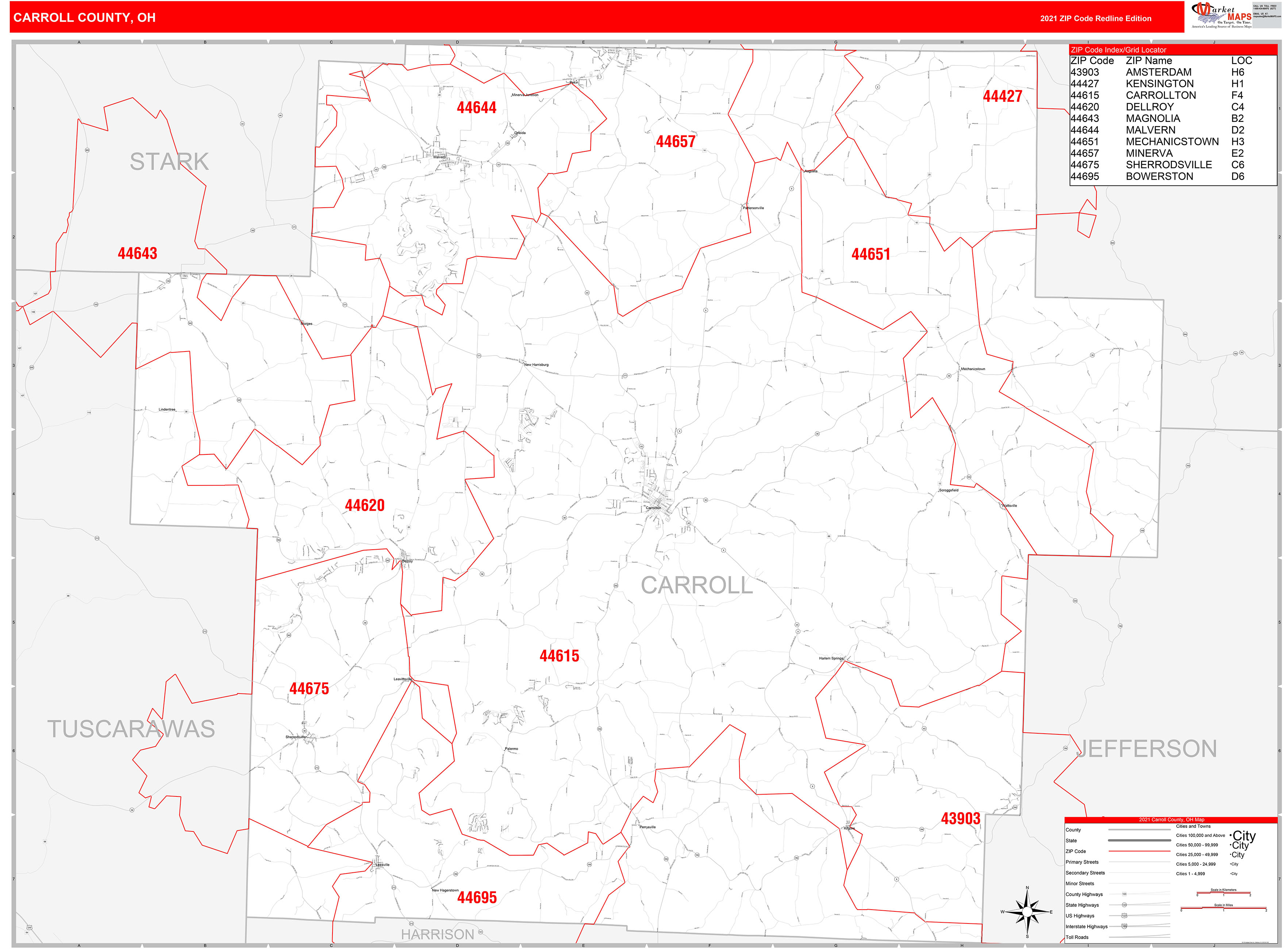 Carroll County, OH Zip Code Wall Map Red Line Style by MarketMAPS ...