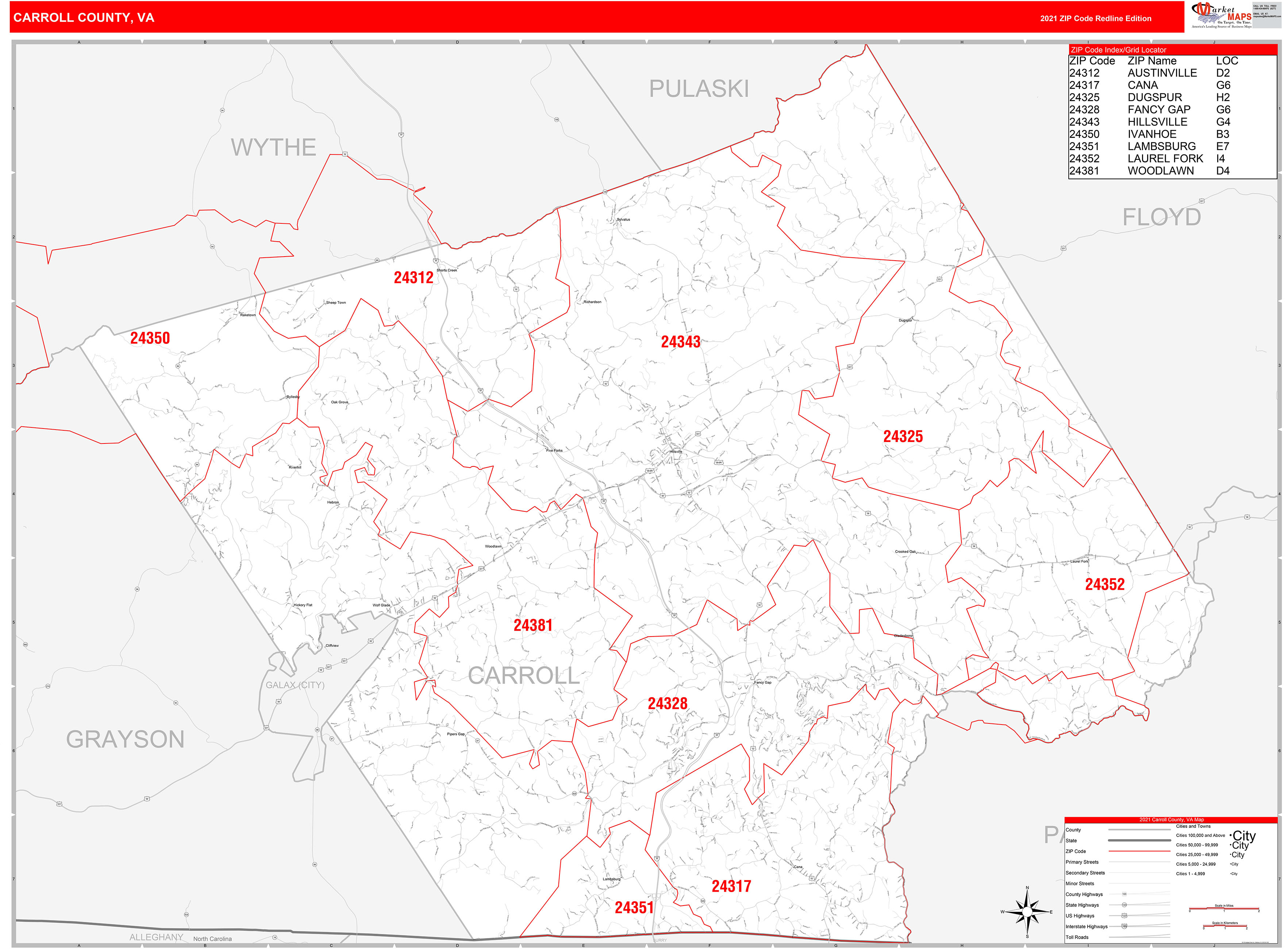 Carroll County, VA Zip Code Wall Map Red Line Style by MarketMAPS