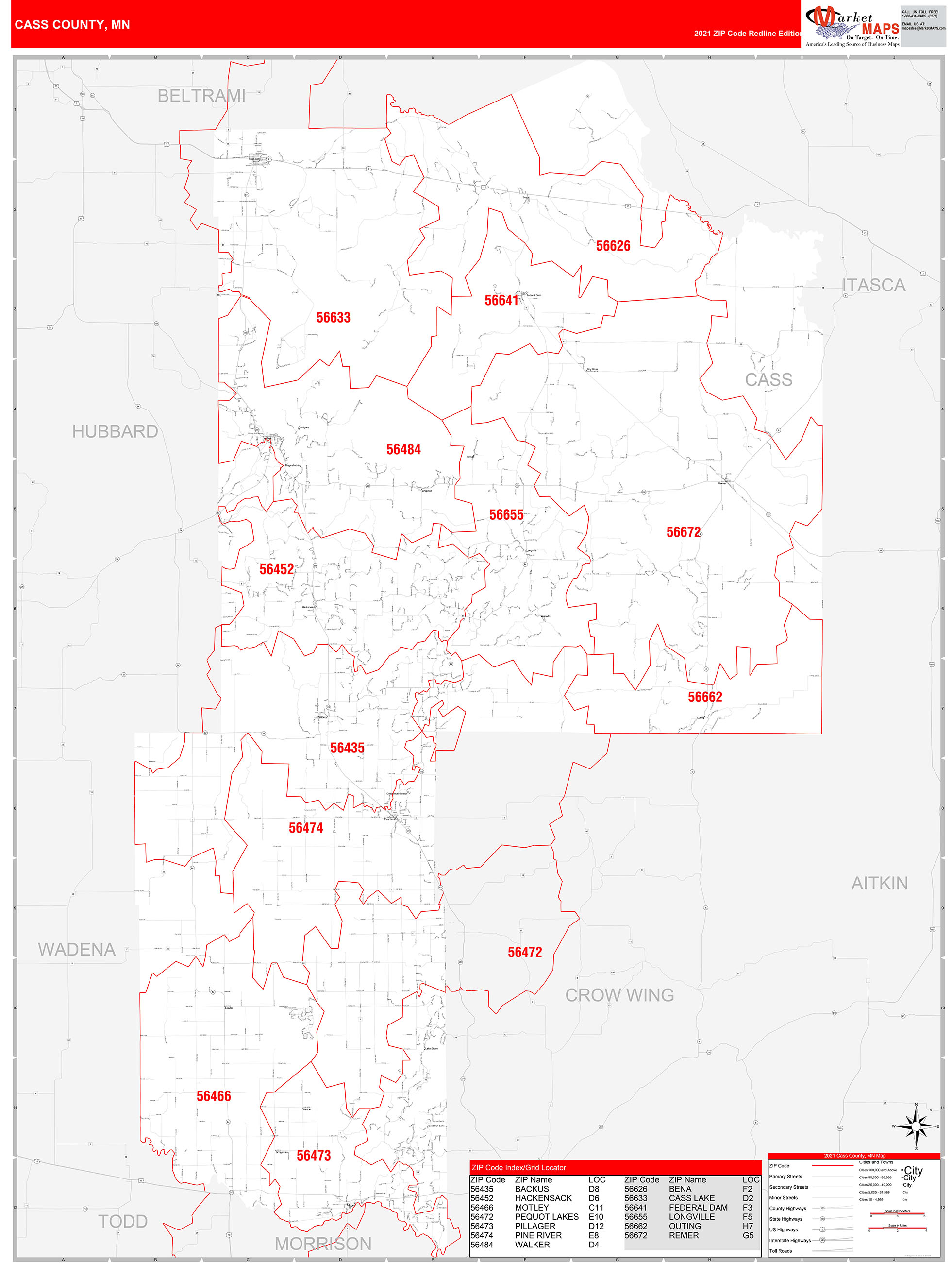 Cass County, MN Zip Code Wall Map Red Line Style by MarketMAPS - MapSales