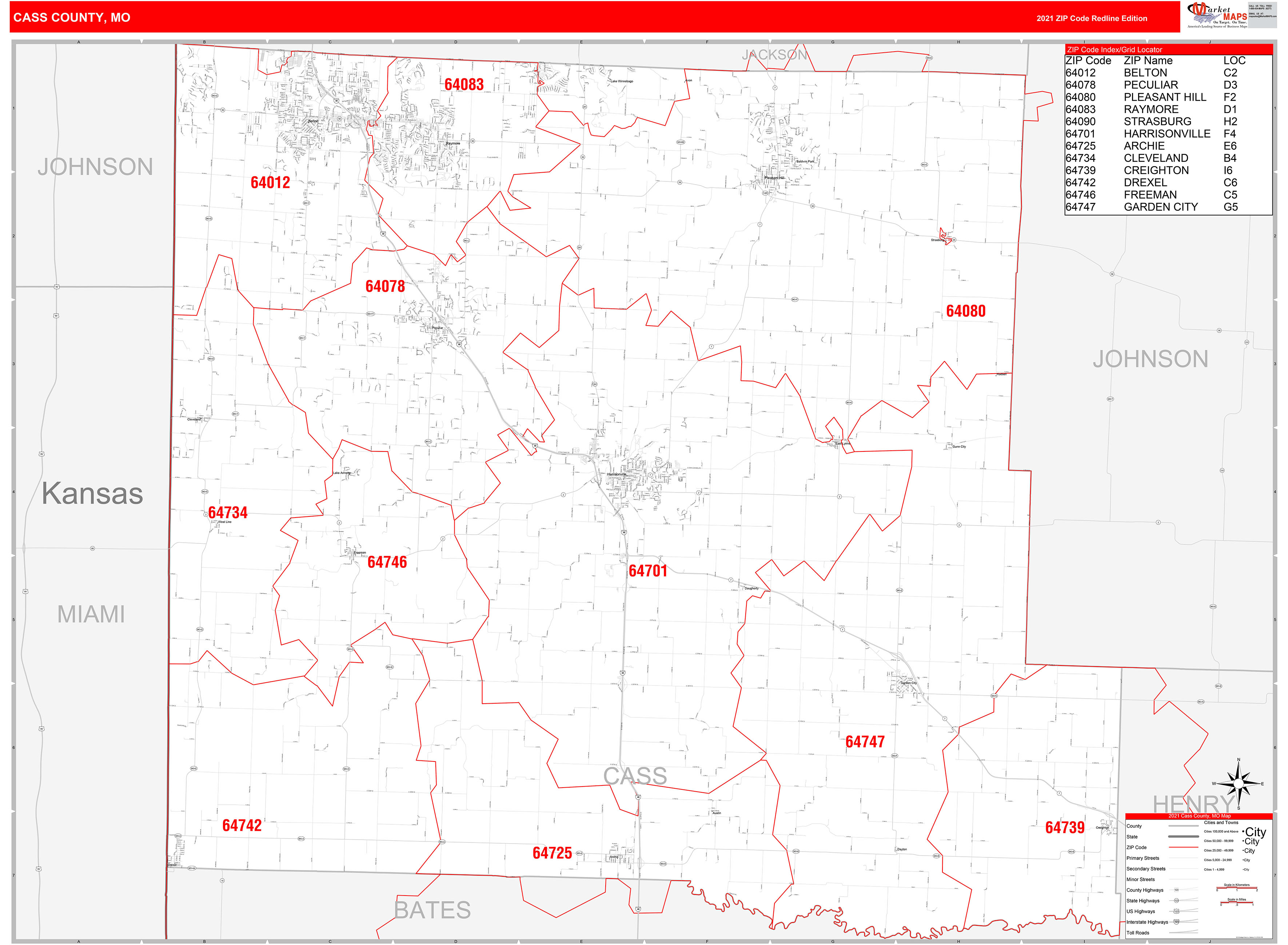 Cass County, MO Zip Code Wall Map Red Line Style by MarketMAPS