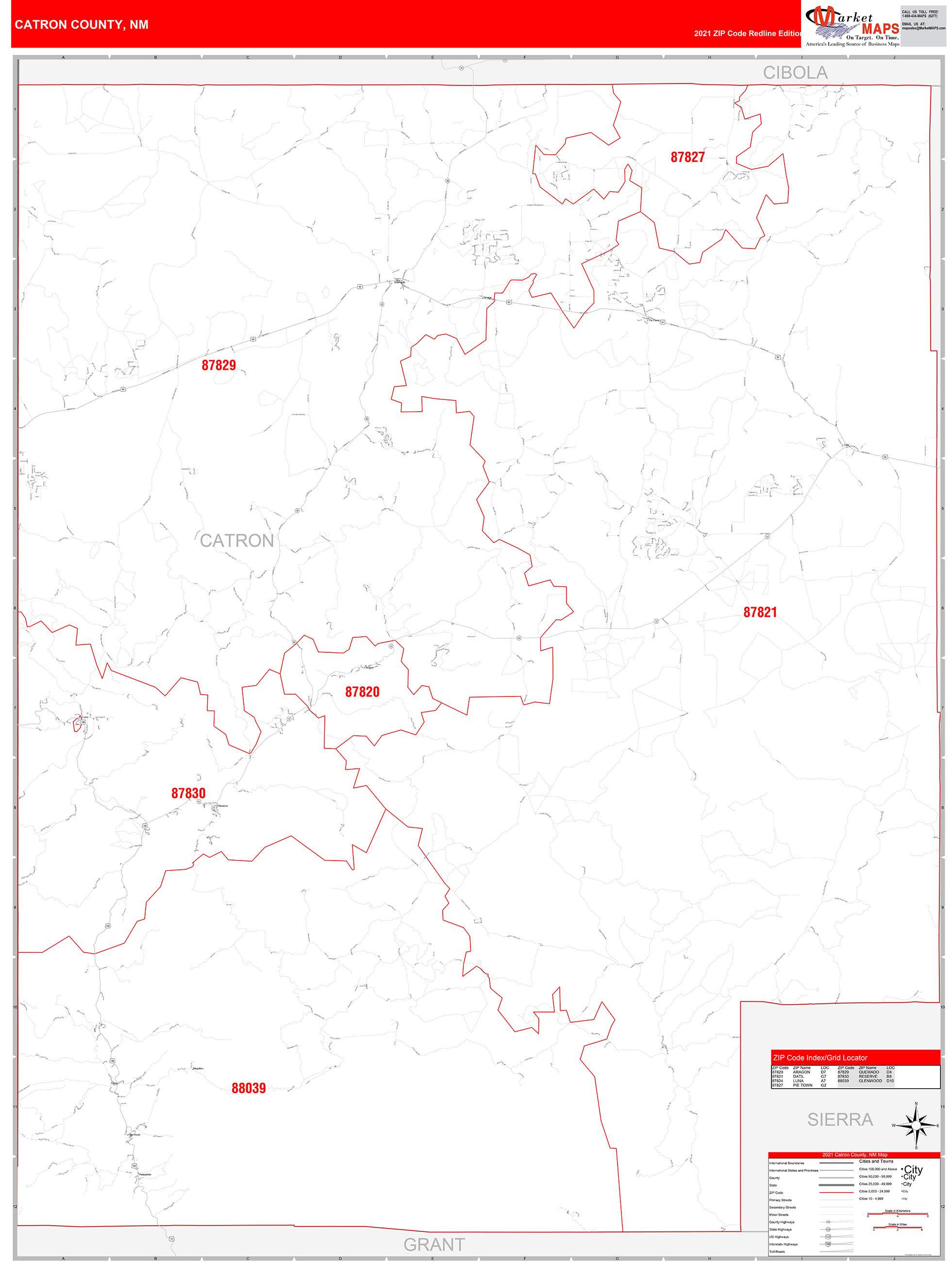 Catron County, NM Zip Code Wall Map Red Line Style by MarketMAPS