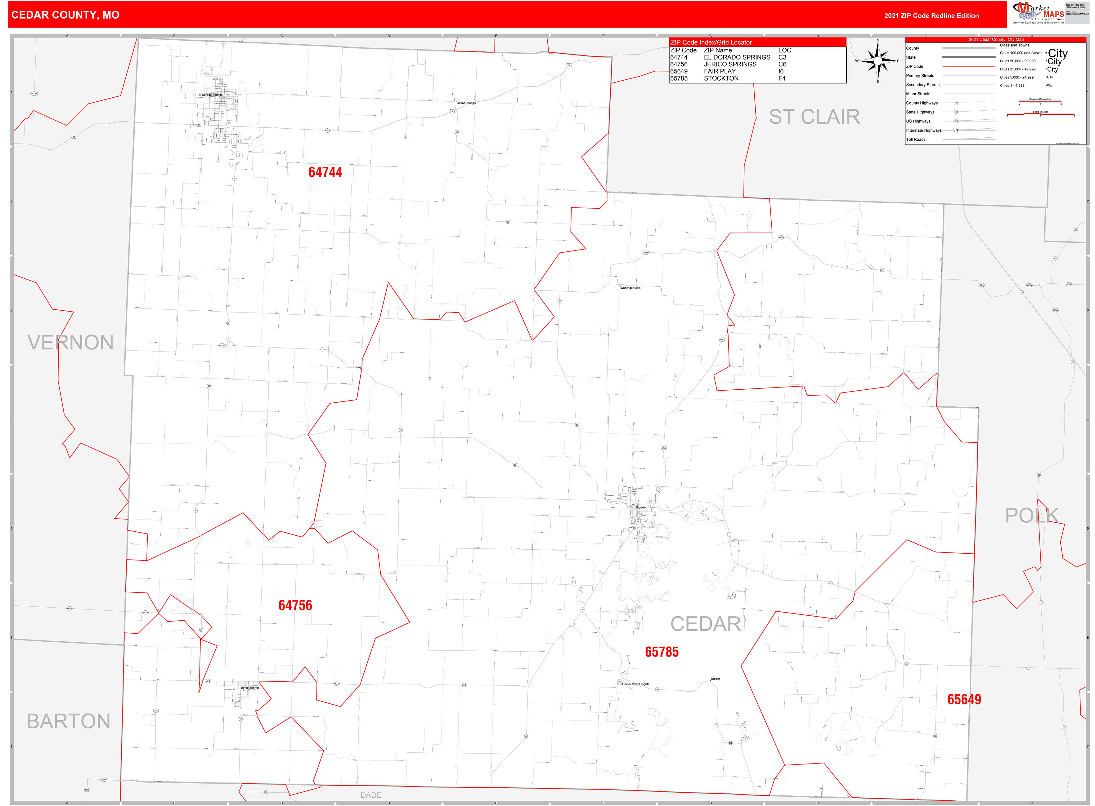Cedar County, MO Zip Code Wall Map Red Line Style by MarketMAPS