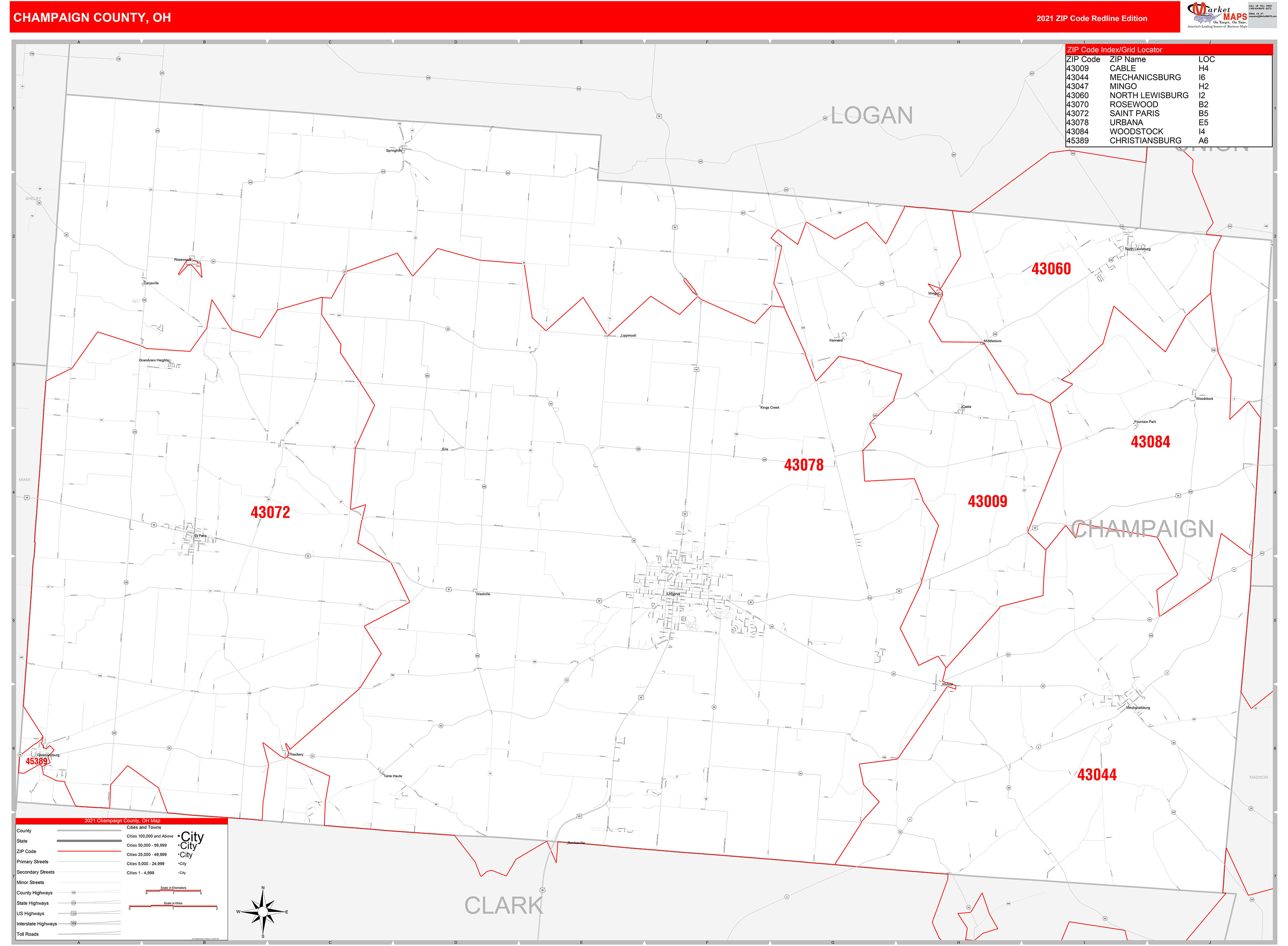 Champaign County, OH Zip Code Wall Map Red Line Style by MarketMAPS