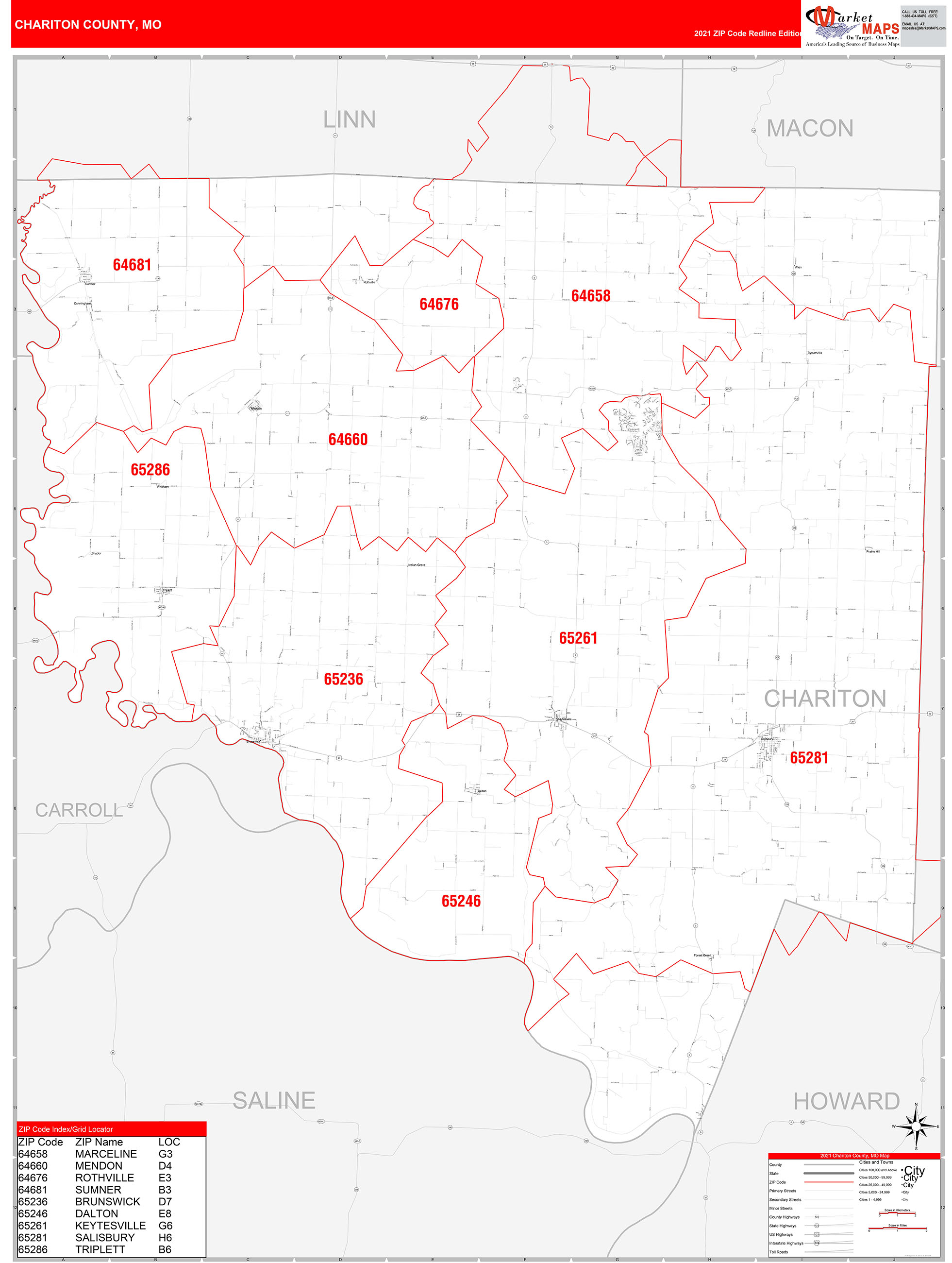 Chariton County, MO Zip Code Wall Map Red Line Style by MarketMAPS ...