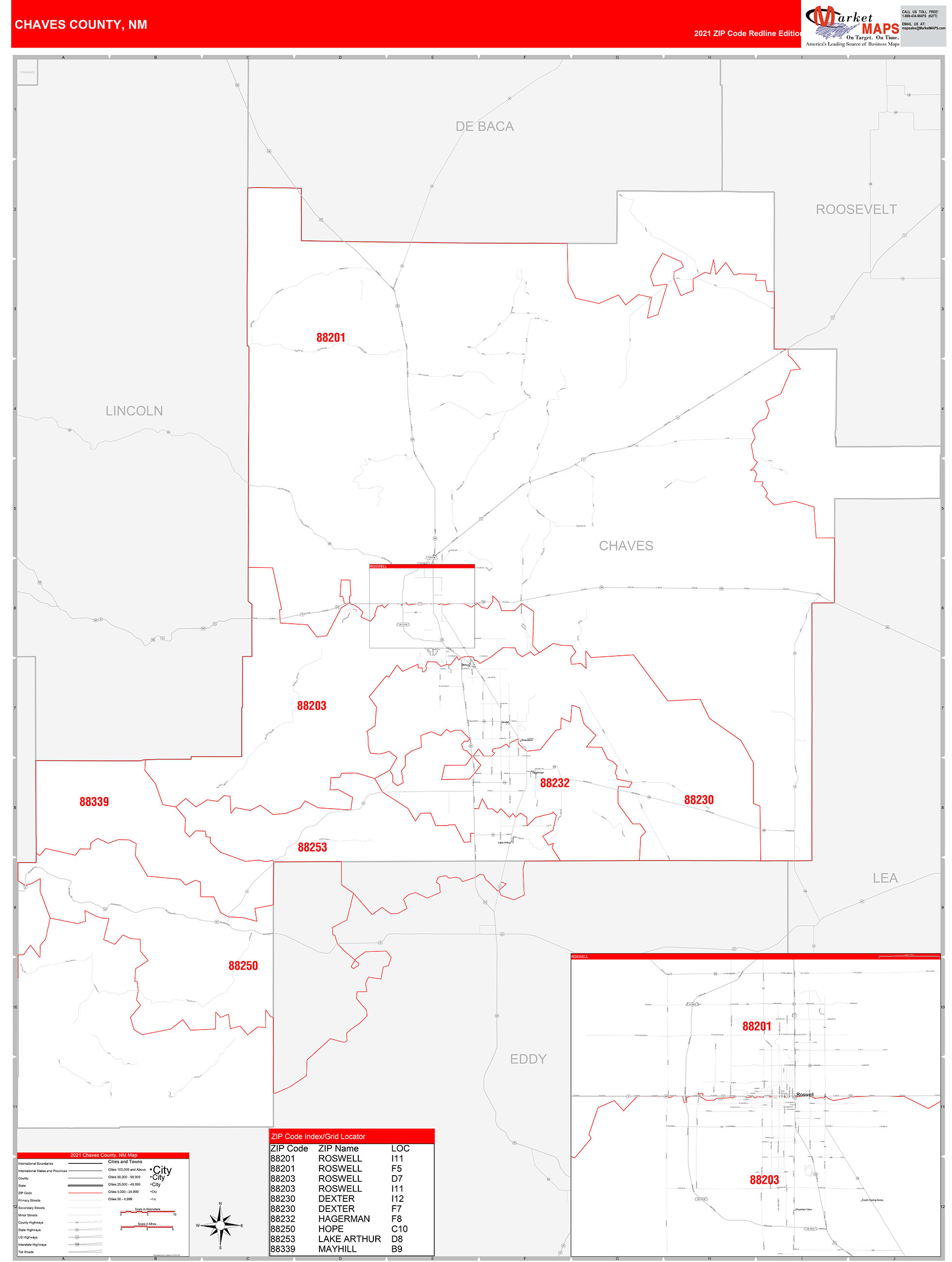 Chaves County NM Zip Code Wall Map Red Line Style by MarketMAPS