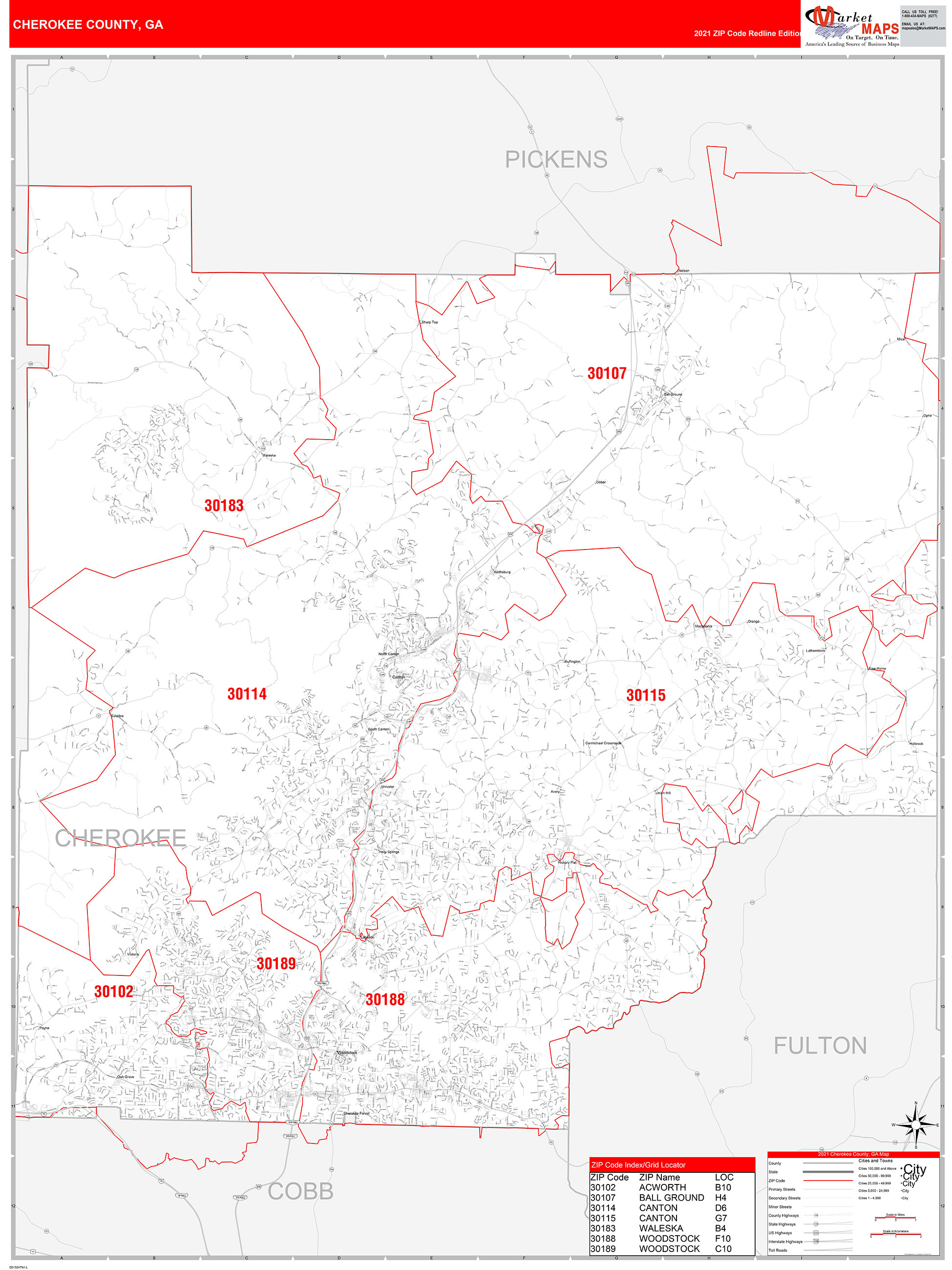 Cherokee County Ga Zip Code Wall Map Red Line Style By Marketmaps Mapsales 0491