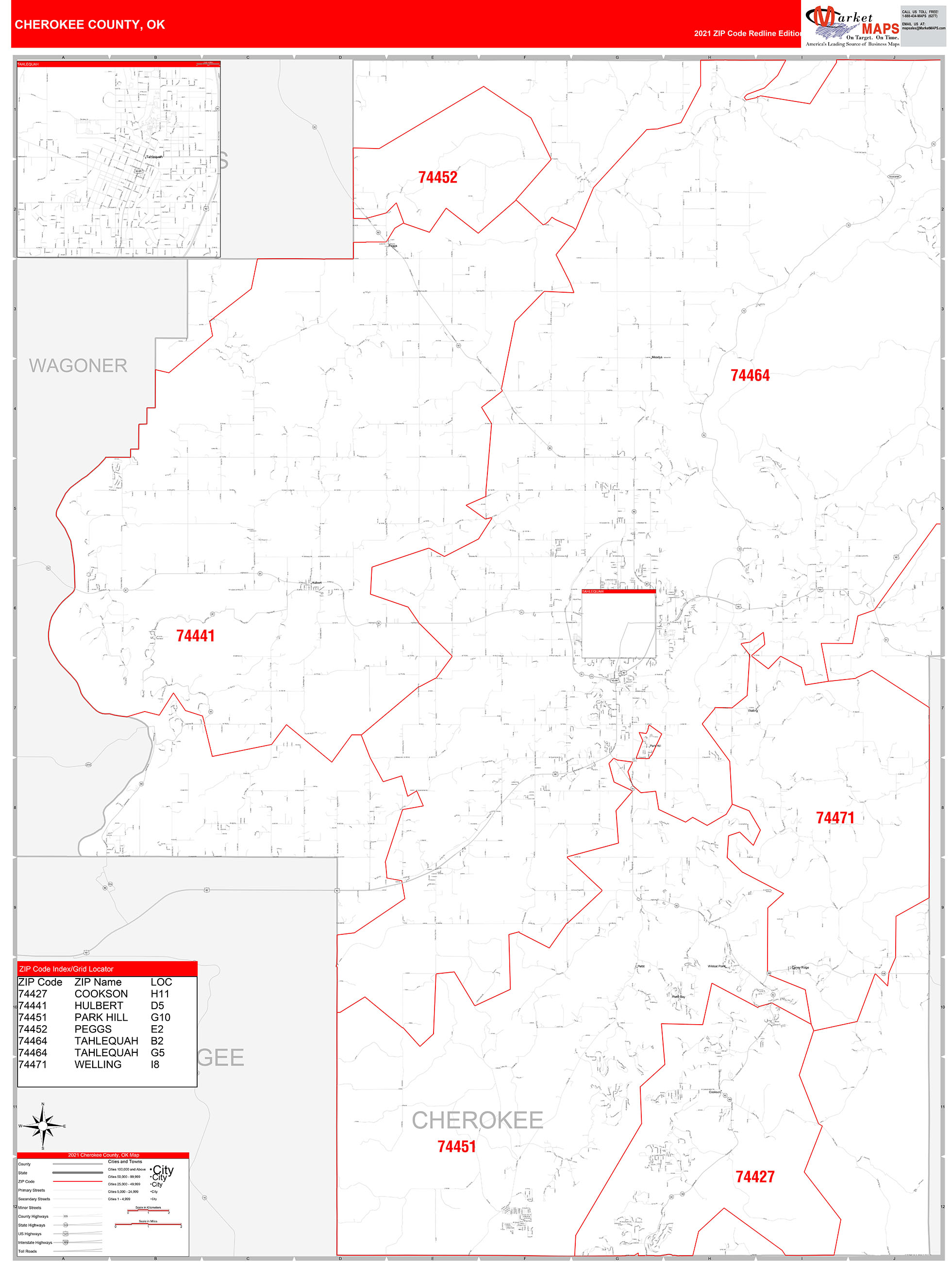 Cherokee County, OK Zip Code Wall Map Red Line Style by MarketMAPS