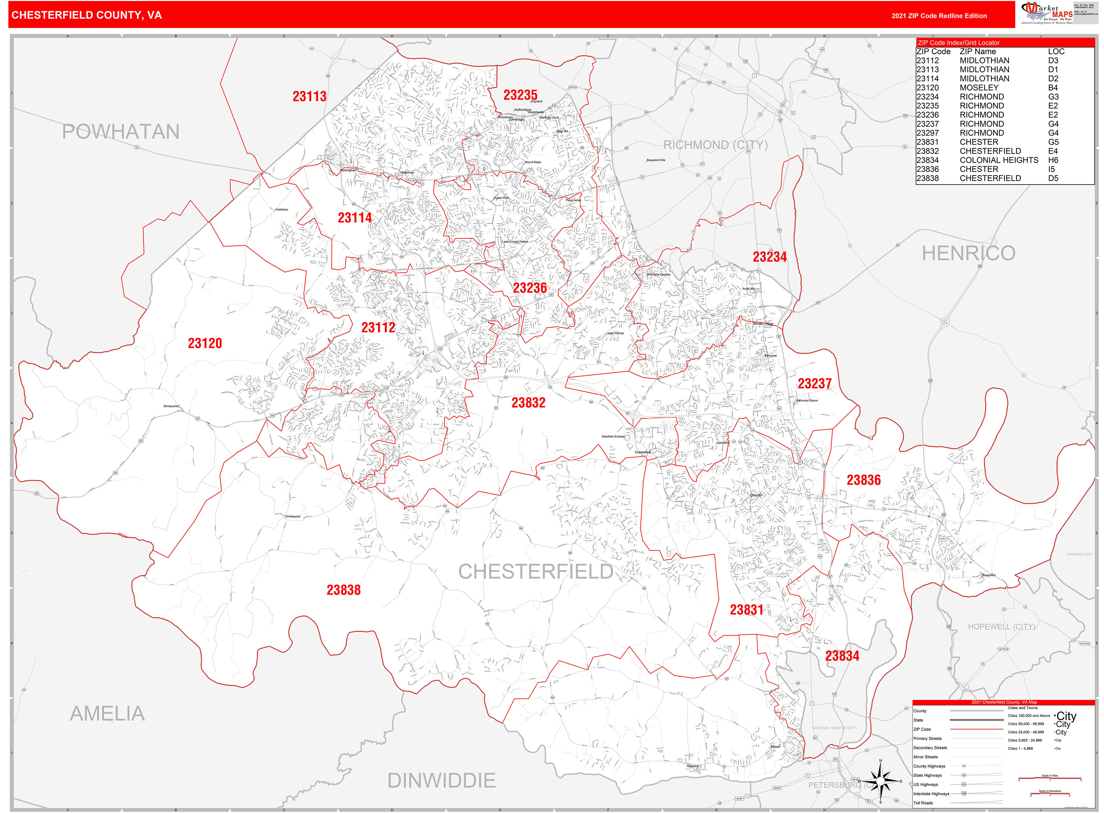 Chesterfield County, VA Zip Code Wall Map Red Line Style by MarketMAPS ...