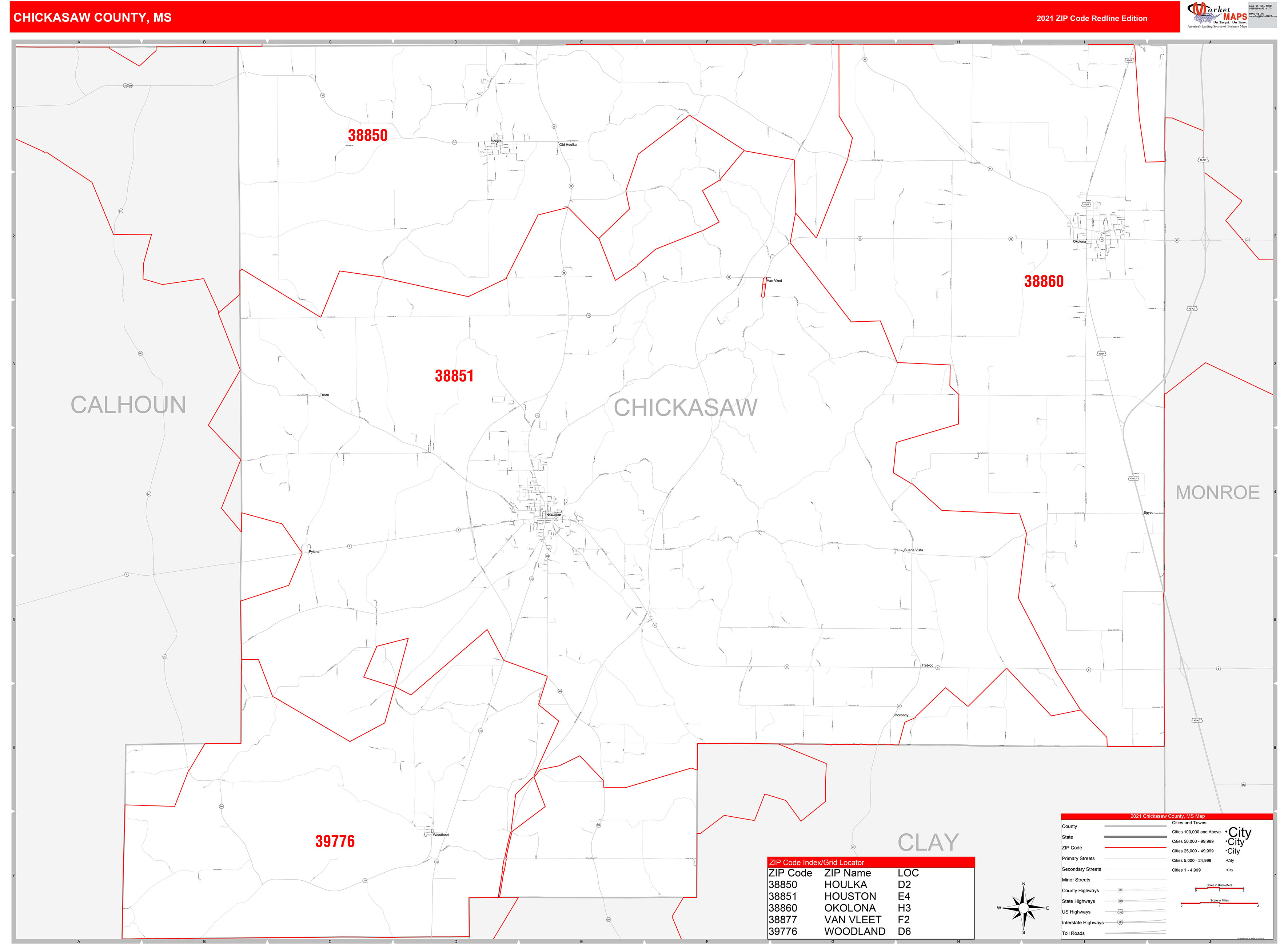 Chickasaw County Ms Zip Code Wall Map Red Line Style By Marketmaps 3831