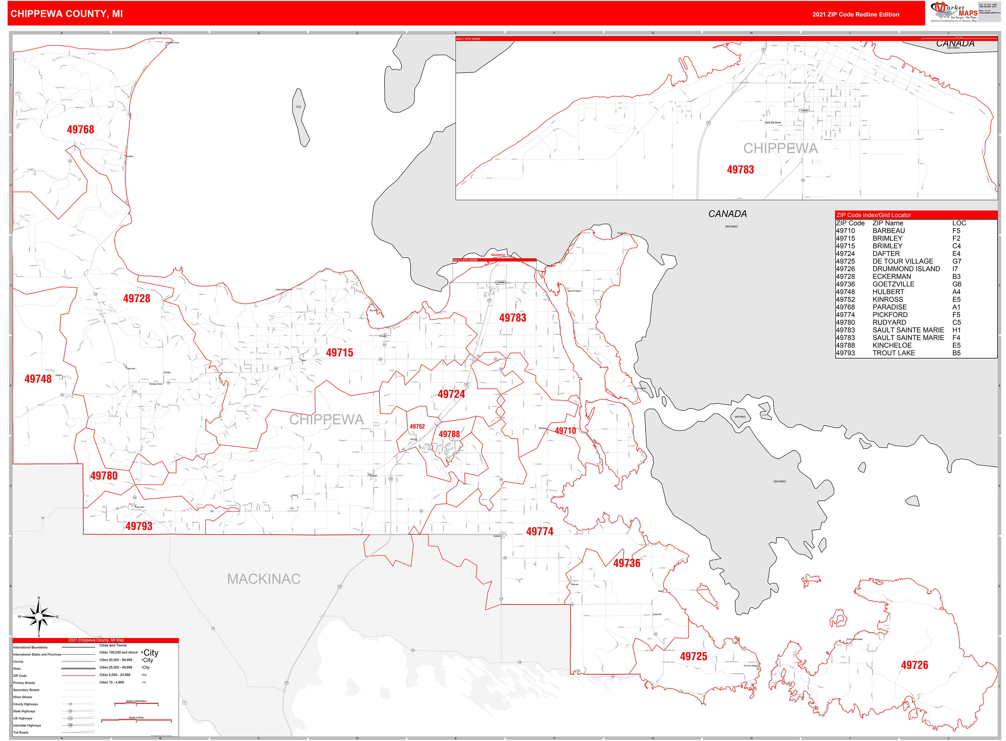 Chippewa County Mi Zip Code Wall Map Red Line Style By Marketmaps 0995