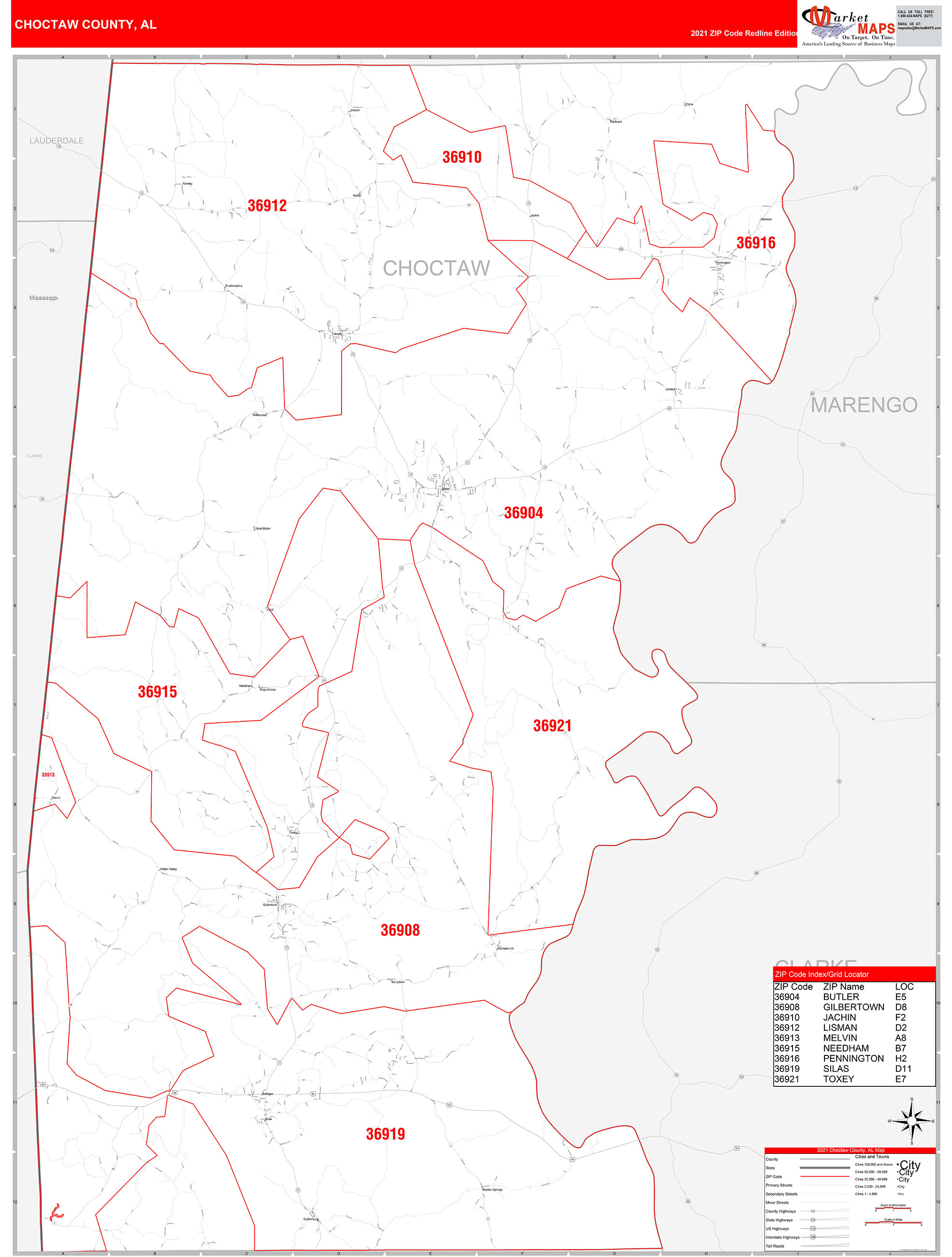 Choctaw County, AL Zip Code Wall Map Red Line Style by MarketMAPS ...