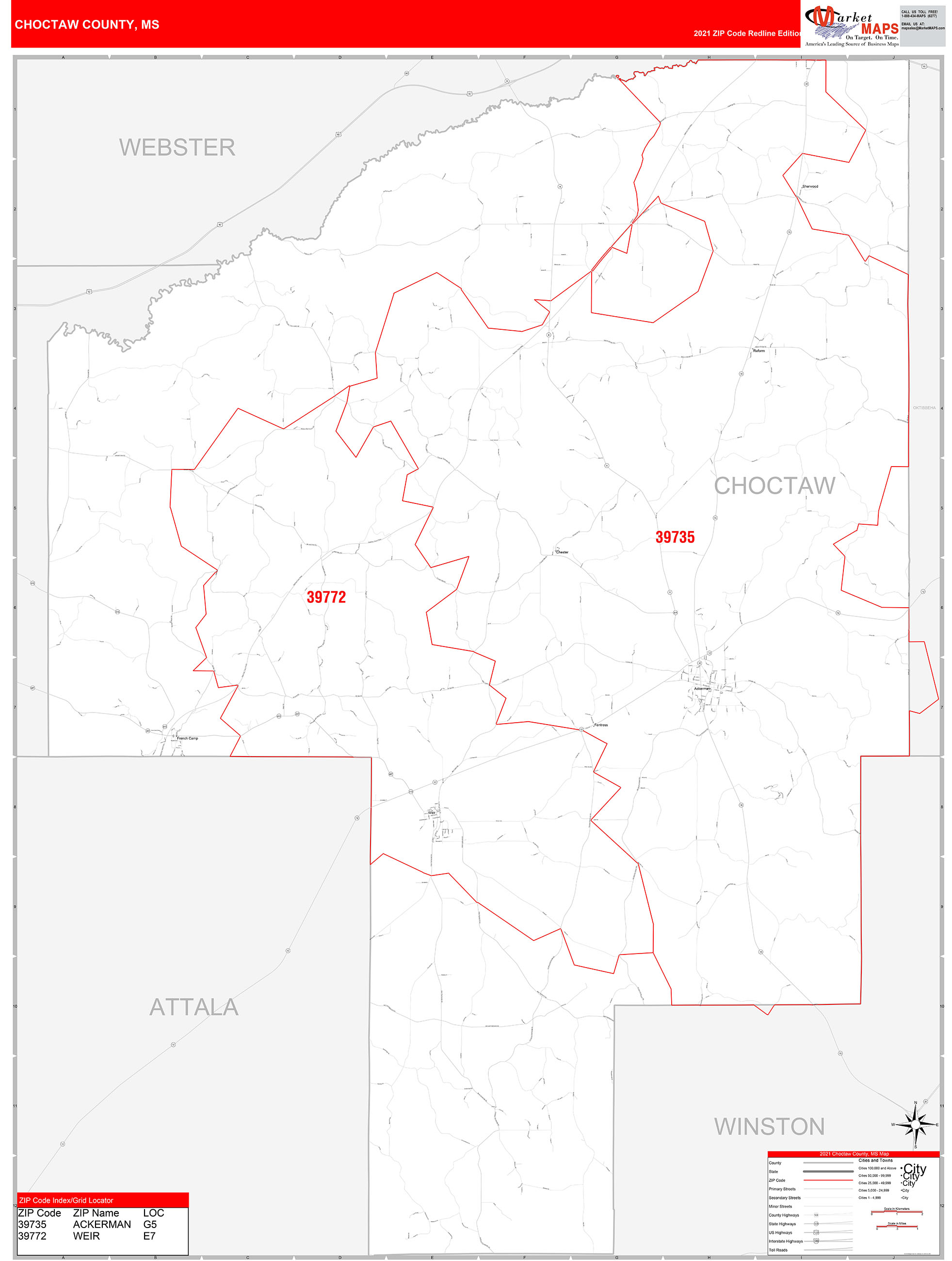 Choctaw County, MS Zip Code Wall Map Red Line Style by MarketMAPS MapSales