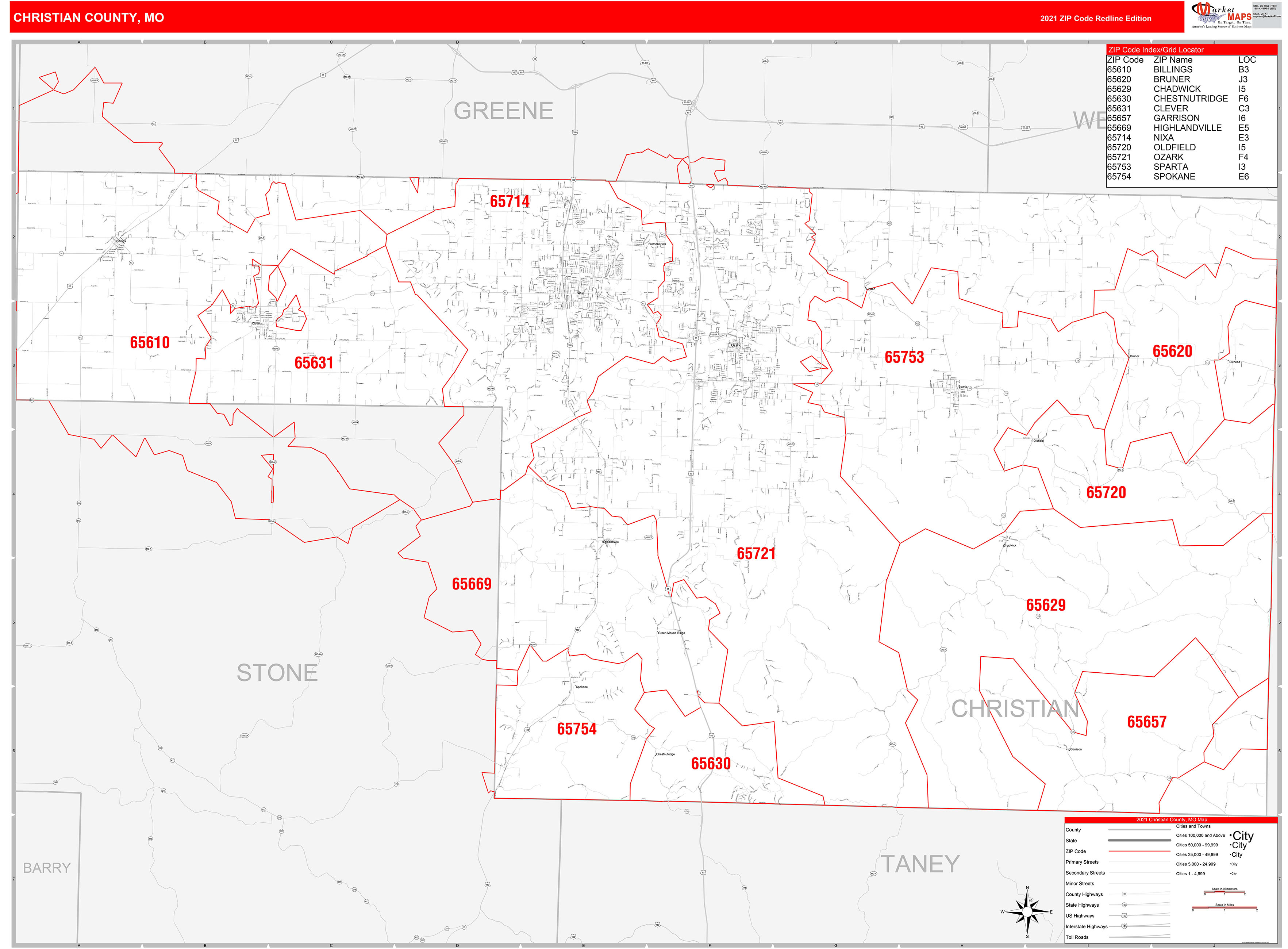 Christian County, MO Zip Code Wall Map Red Line Style by MarketMAPS ...