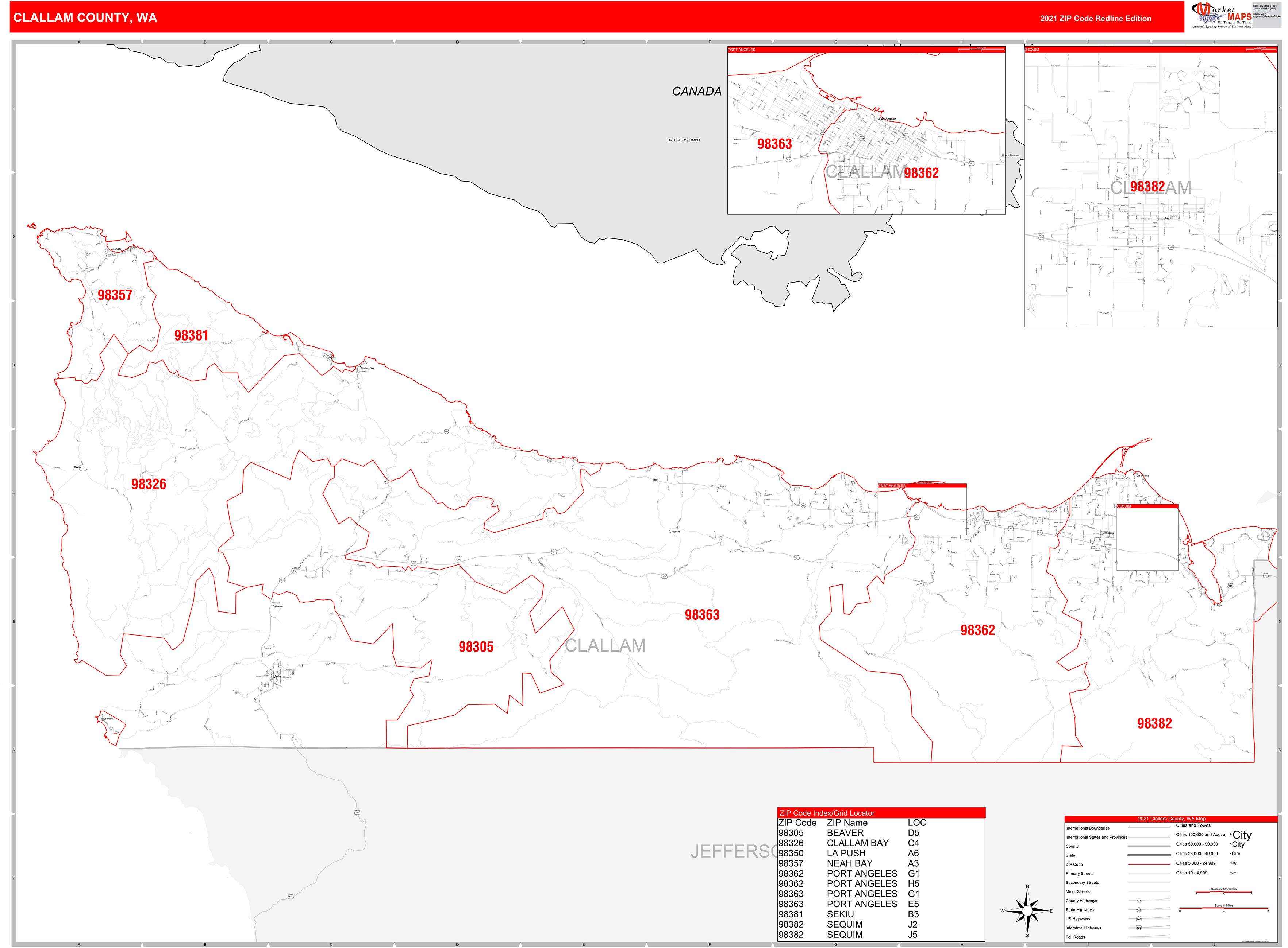 Clallam County Wa Zip Code Wall Map Red Line Style By Marketmaps