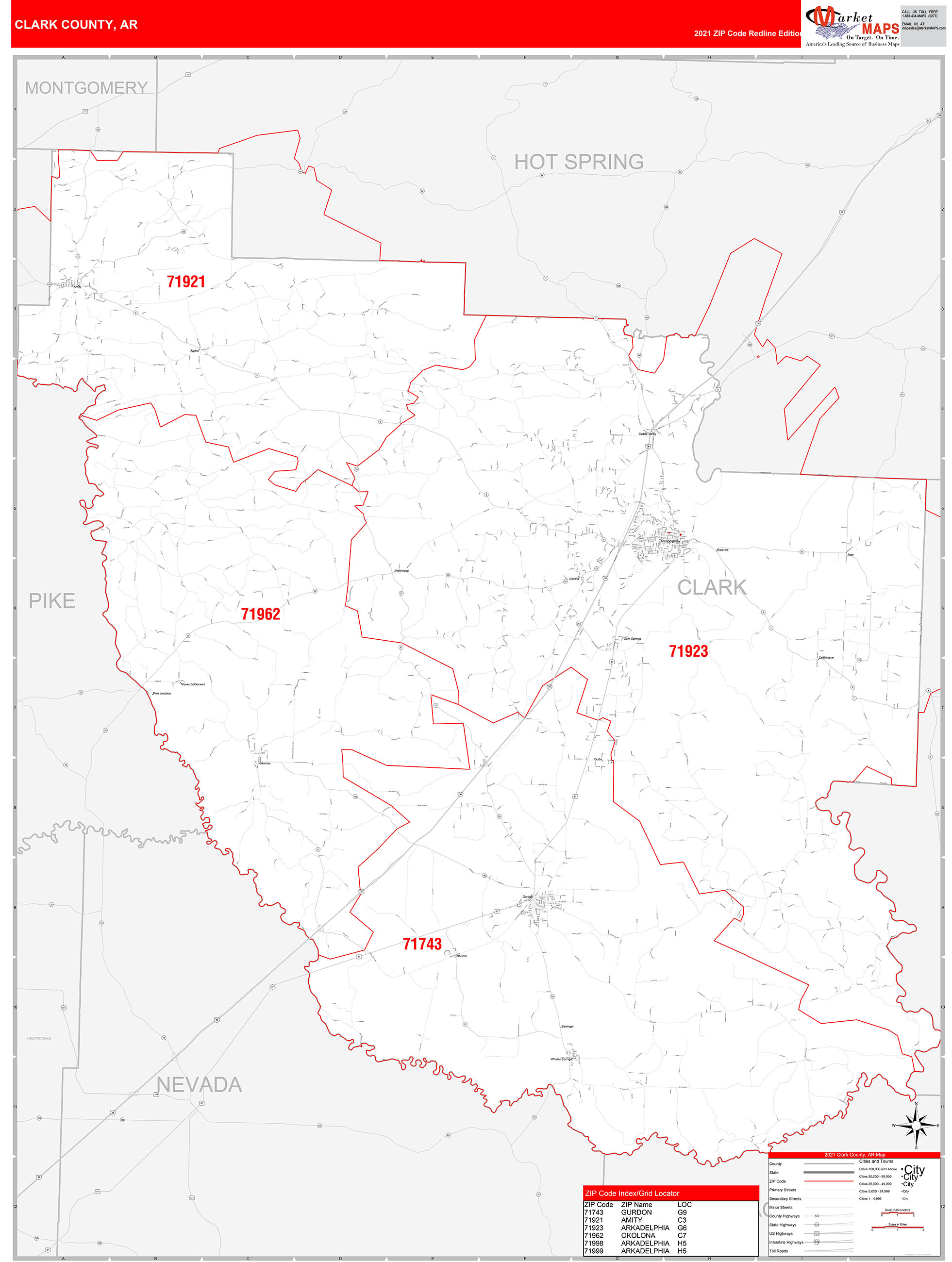 Clark County, AR Zip Code Wall Map Red Line Style by MarketMAPS