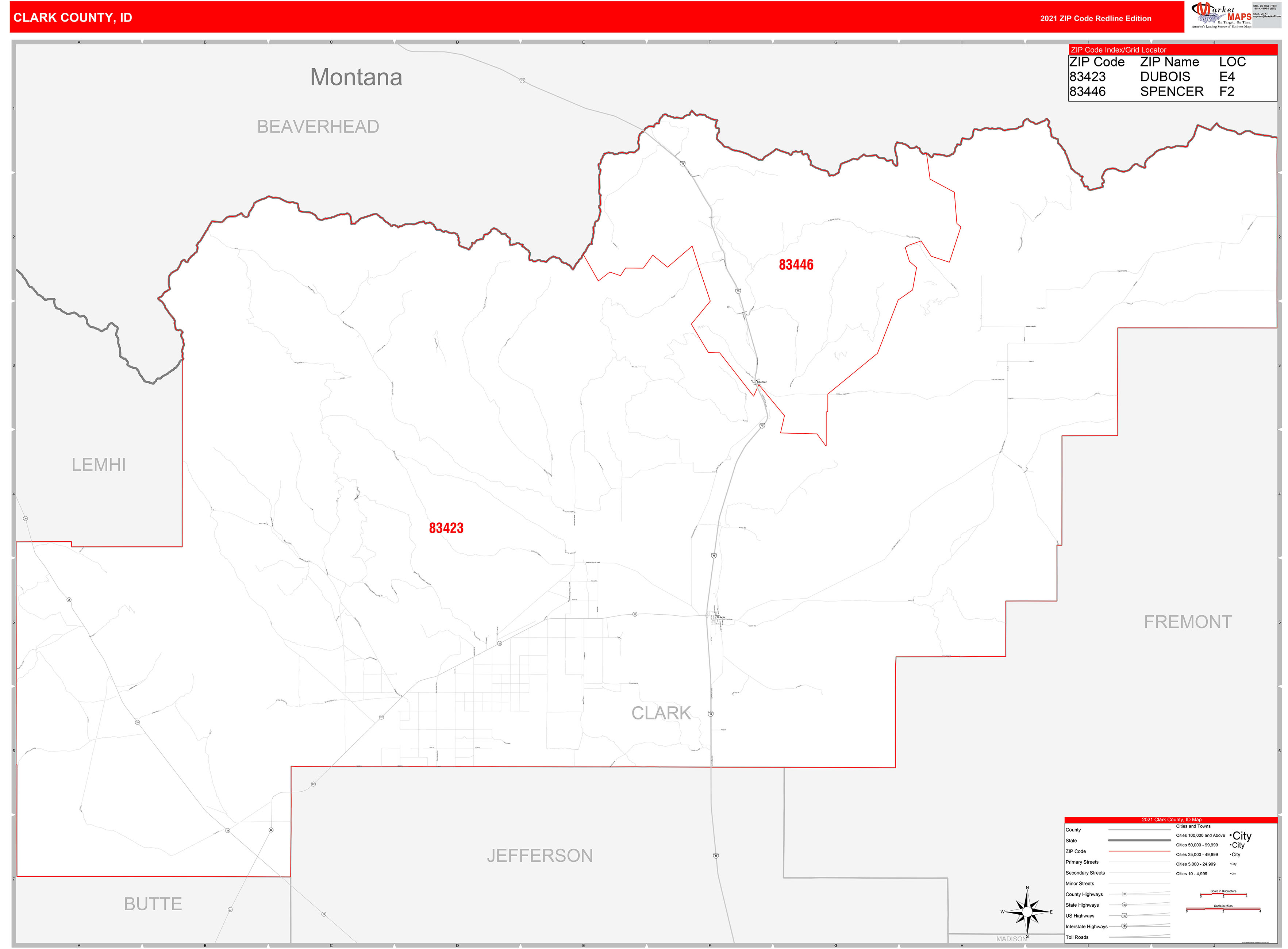 Clark County, ID Zip Code Wall Map Red Line Style by MarketMAPS MapSales