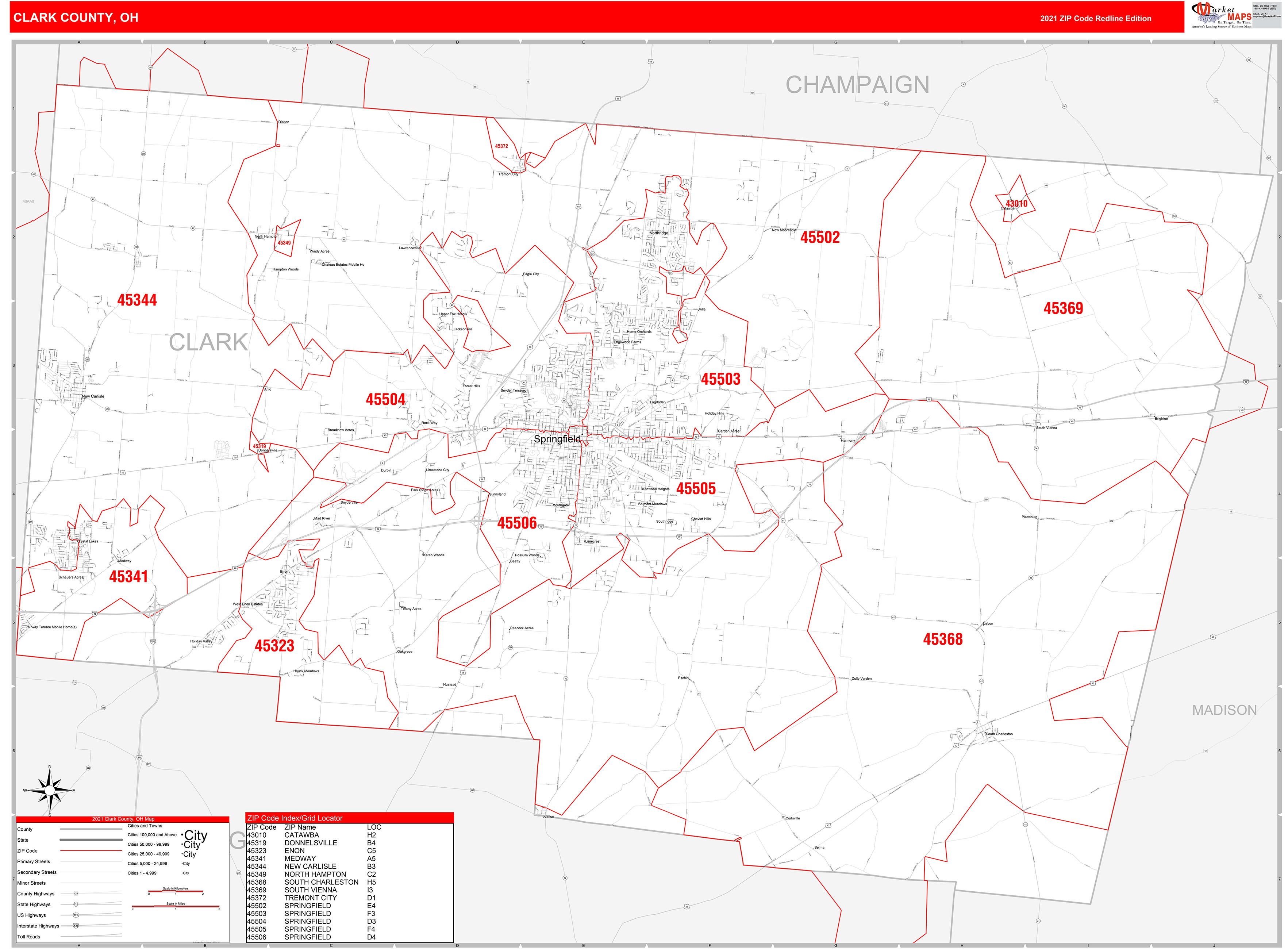 Clark County OH Zip Code Wall Map Red Line Style by MarketMAPS MapSales