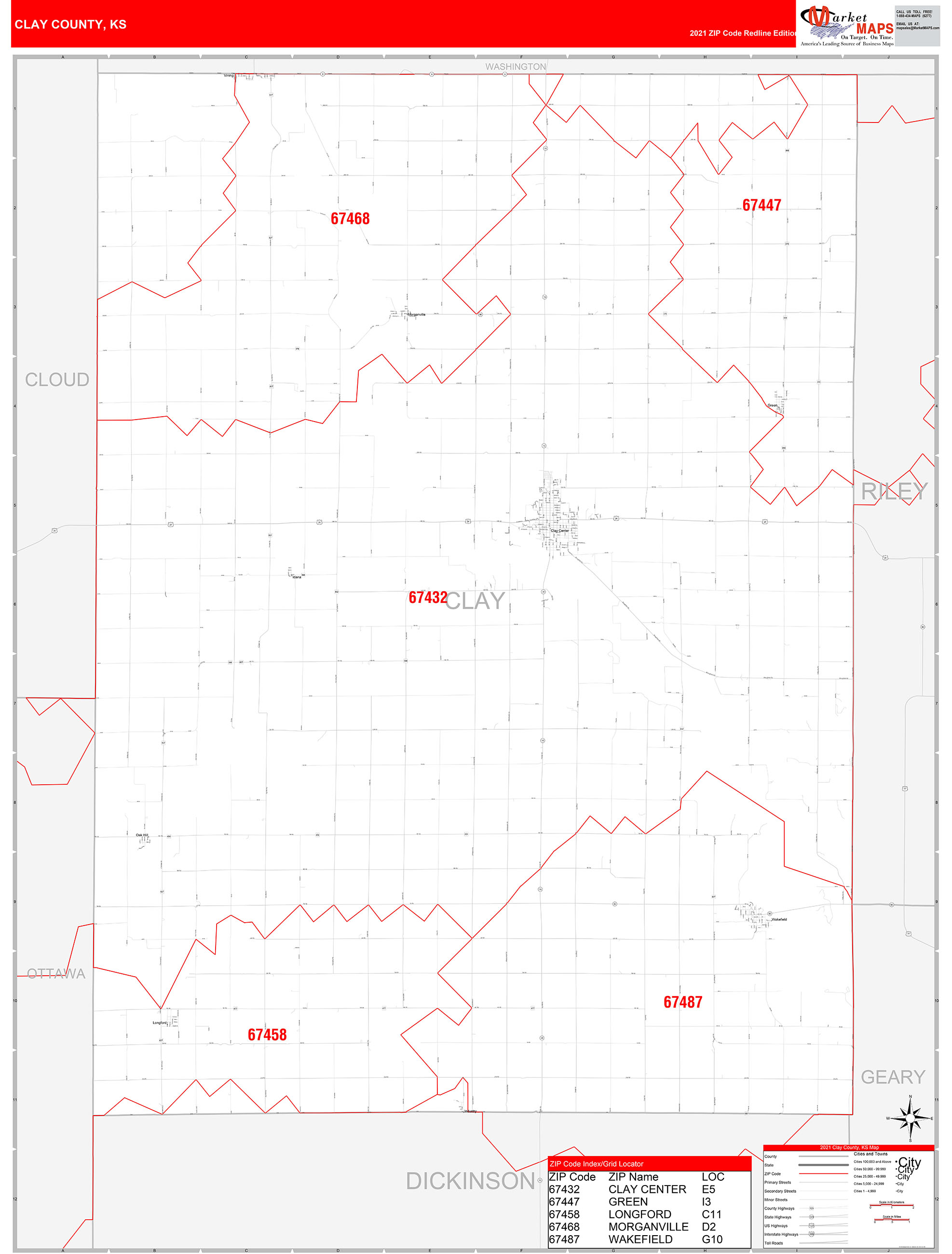 Clay County, KS Zip Code Wall Map Red Line Style by MarketMAPS ...