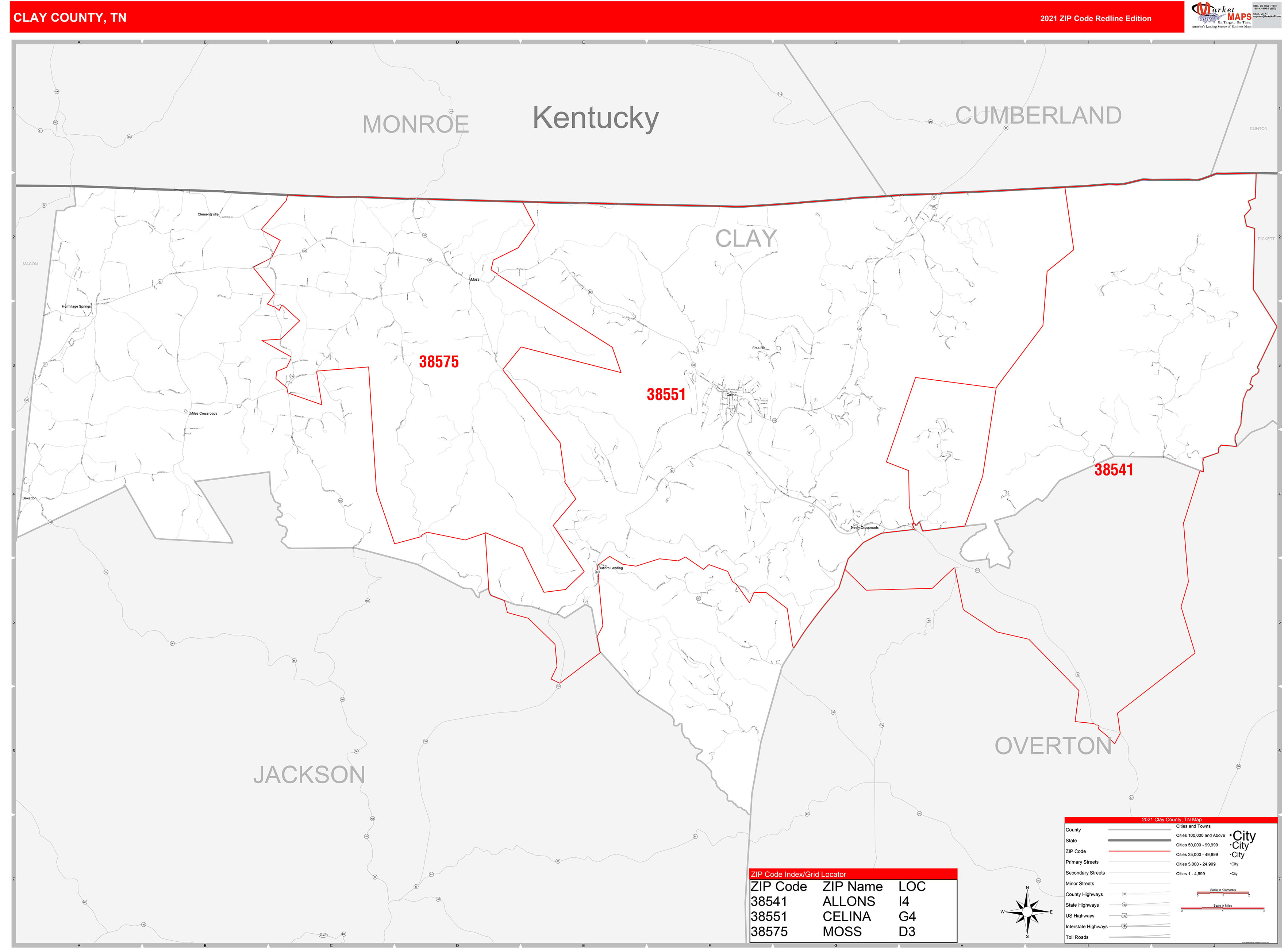 Clay County Tn Zip Code Wall Map Red Line Style By Marketmaps 8195