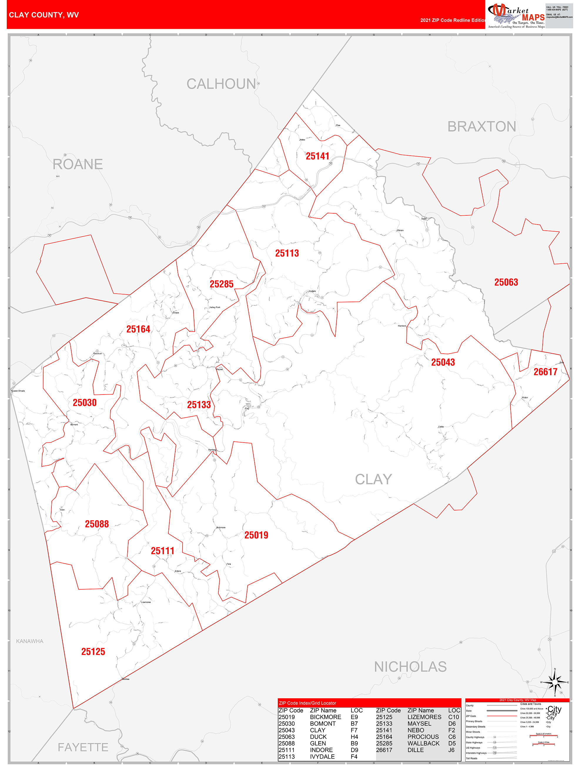 Clay County, WV Zip Code Wall Map Red Line Style by MarketMAPS - MapSales