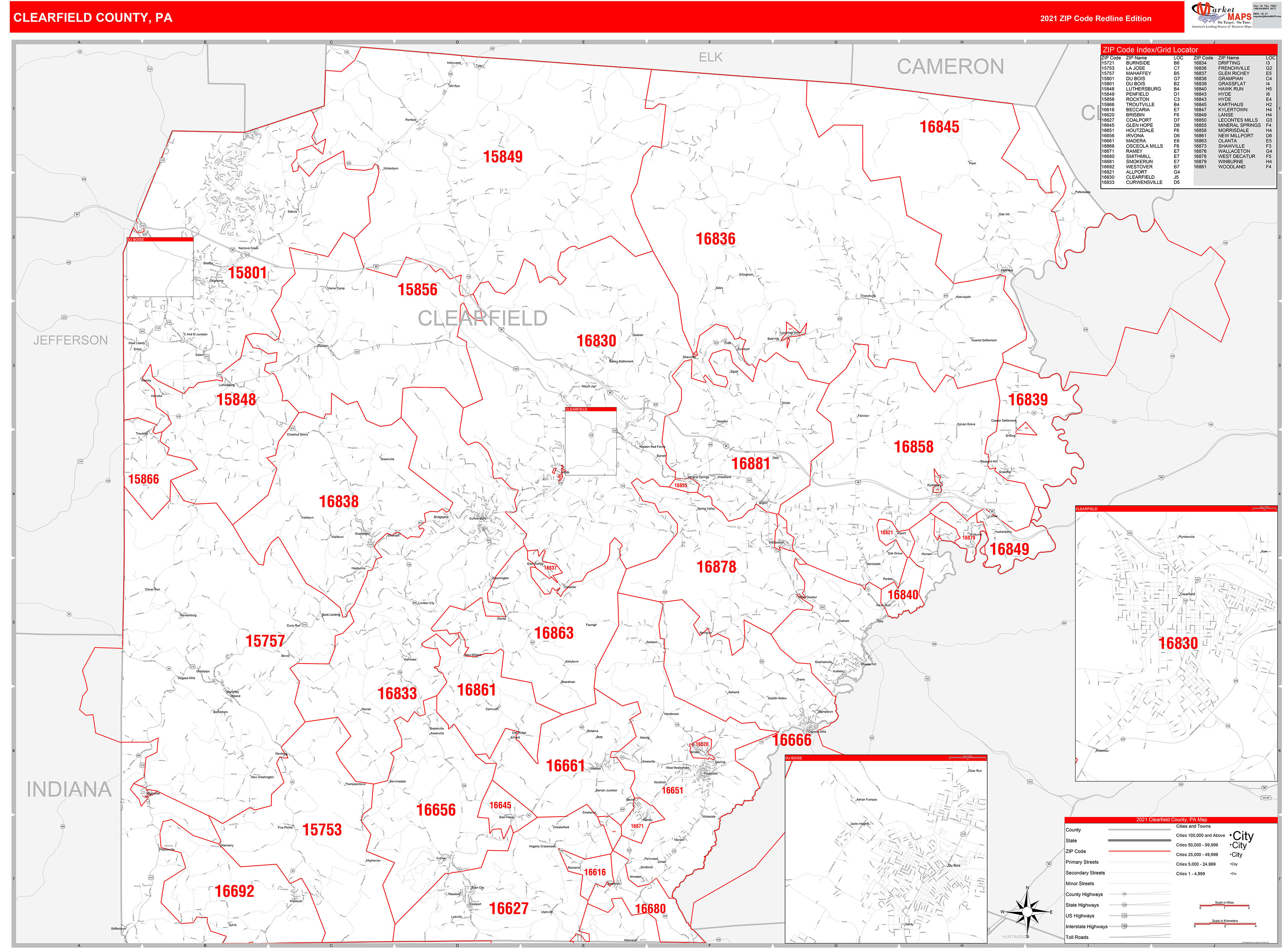 Clearfield County Pa Zip Code Wall Map Red Line Style By Marketmaps 2853