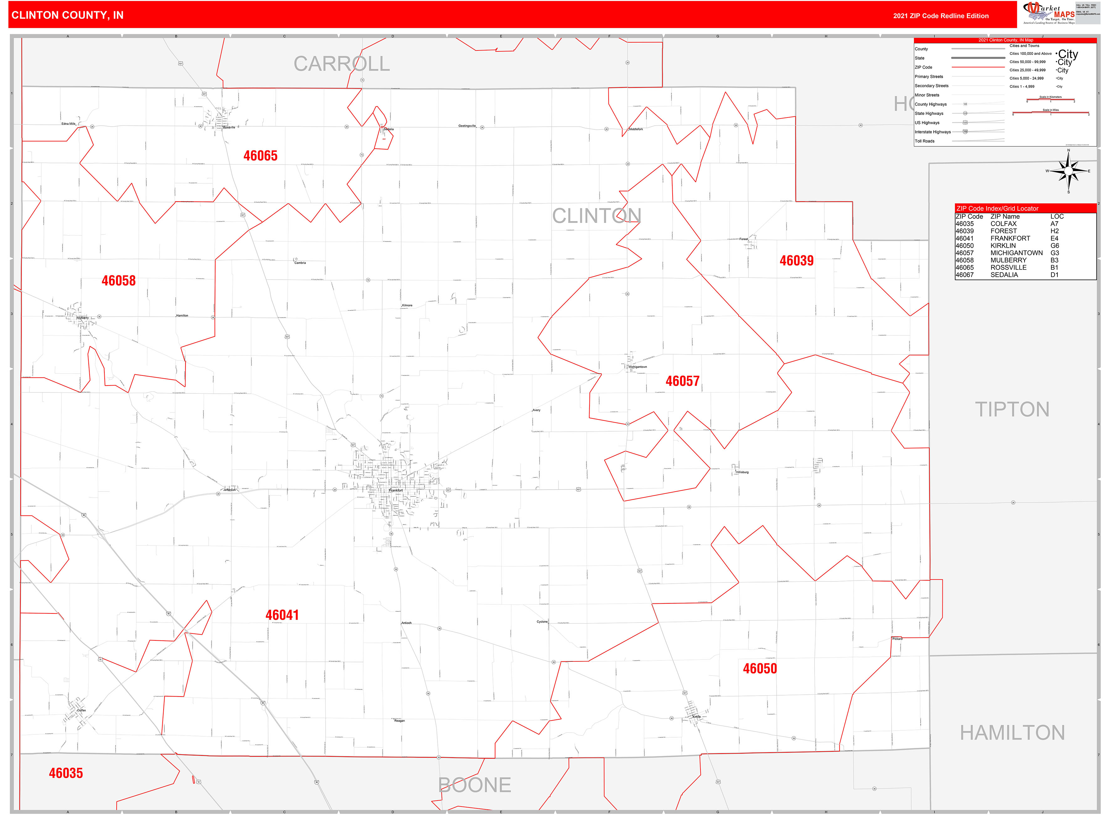 Clinton County, IN Zip Code Wall Map Red Line Style by MarketMAPS