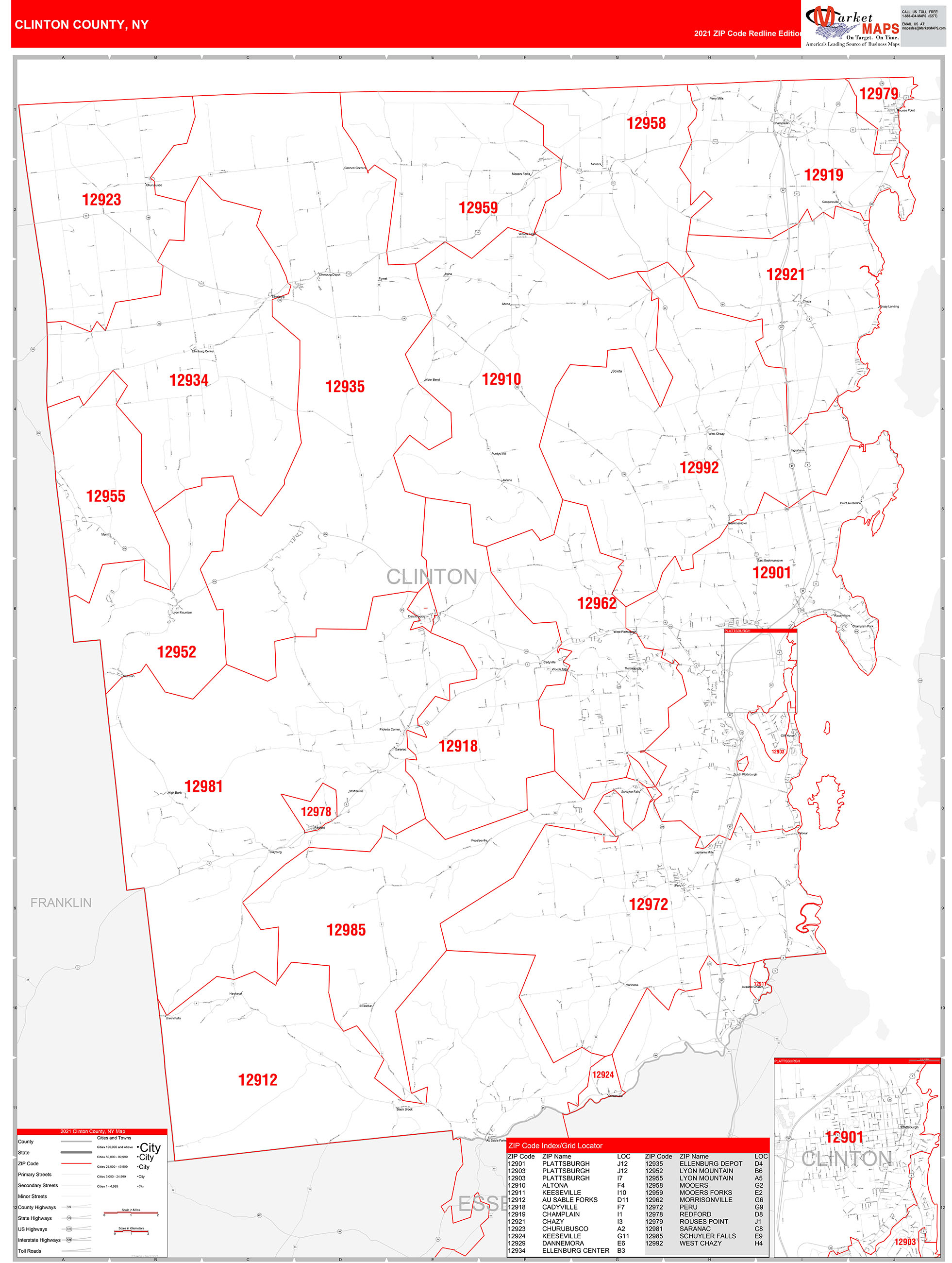 Clinton County, NY Zip Code Wall Map Red Line Style by MarketMAPS ...