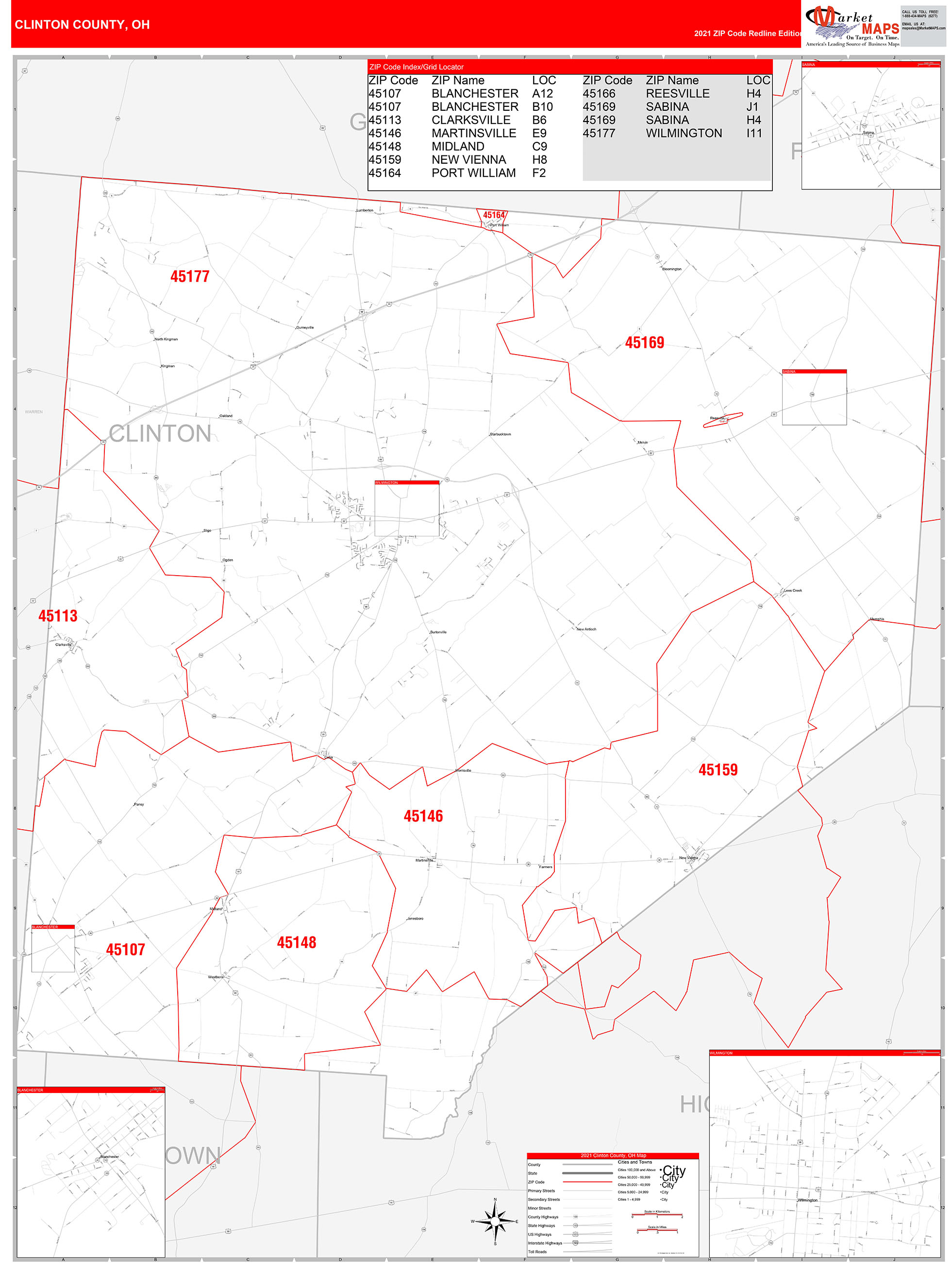 Clinton County, OH Zip Code Wall Map Red Line Style by MarketMAPS ...