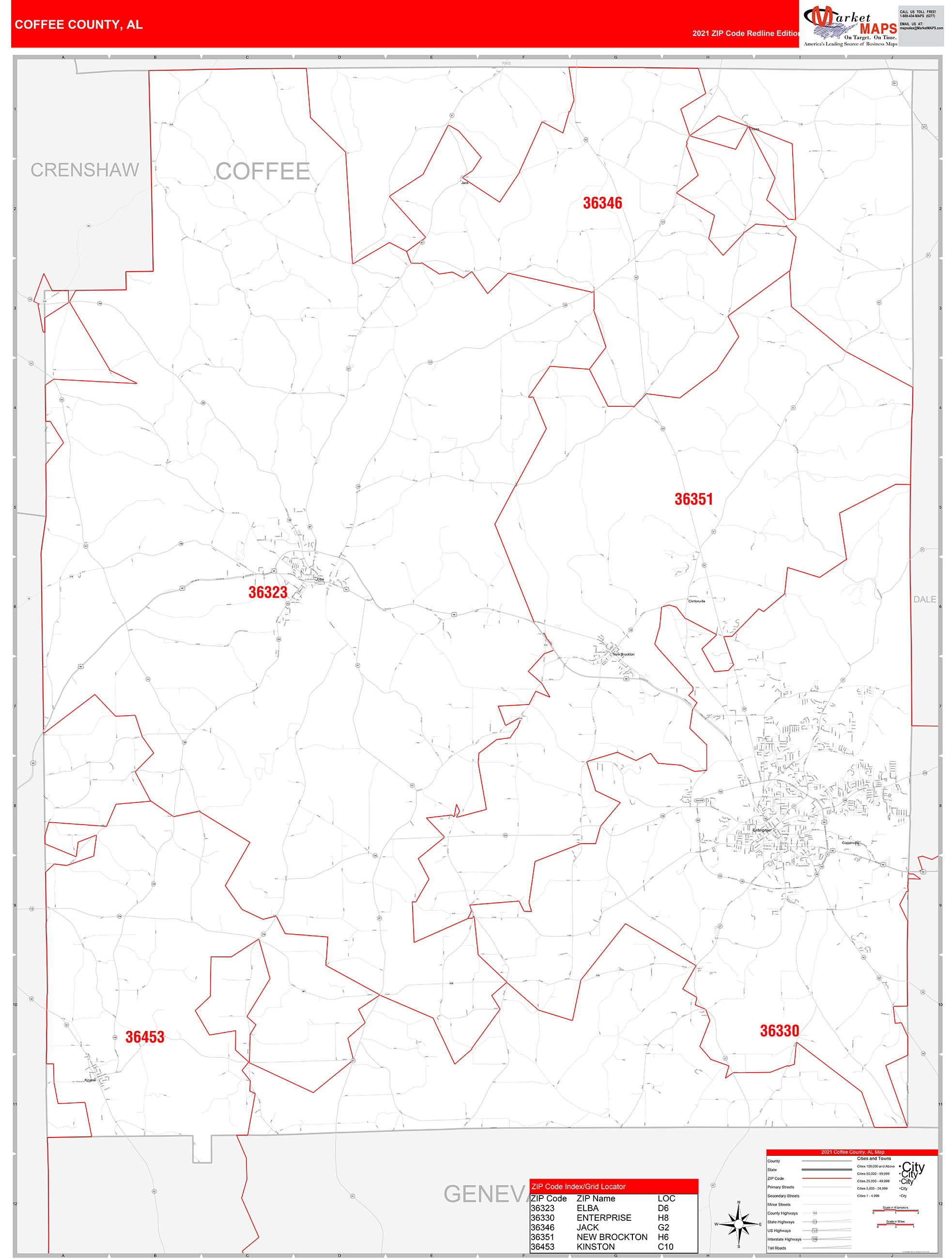 Coffee County, Al Zip Code Wall Map Red Line Style By Marketmaps - Mapsales