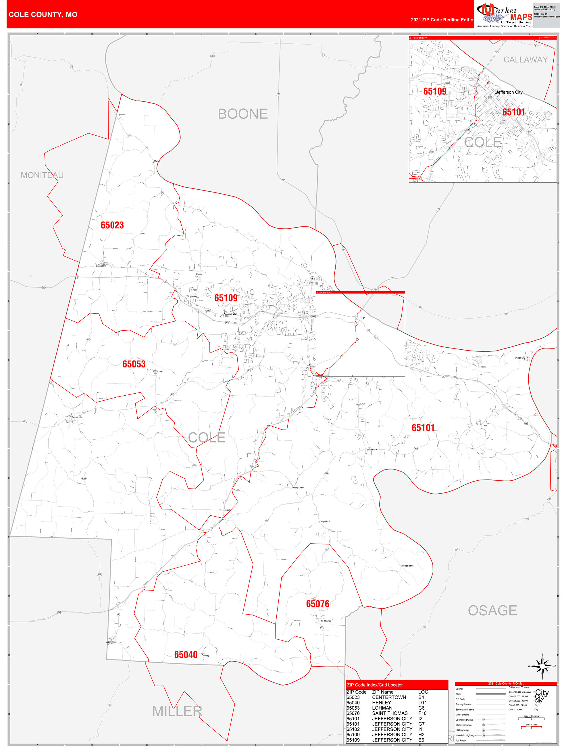 Cole County, MO Zip Code Wall Map Red Line Style by MarketMAPS