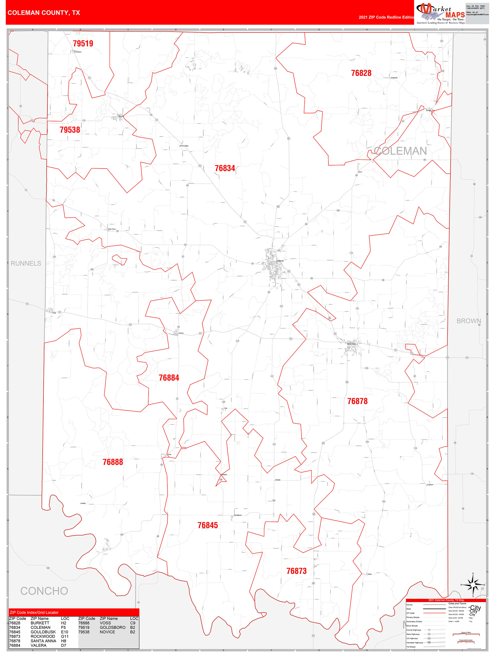 Coleman County, TX Zip Code Wall Map Red Line Style by MarketMAPS ...