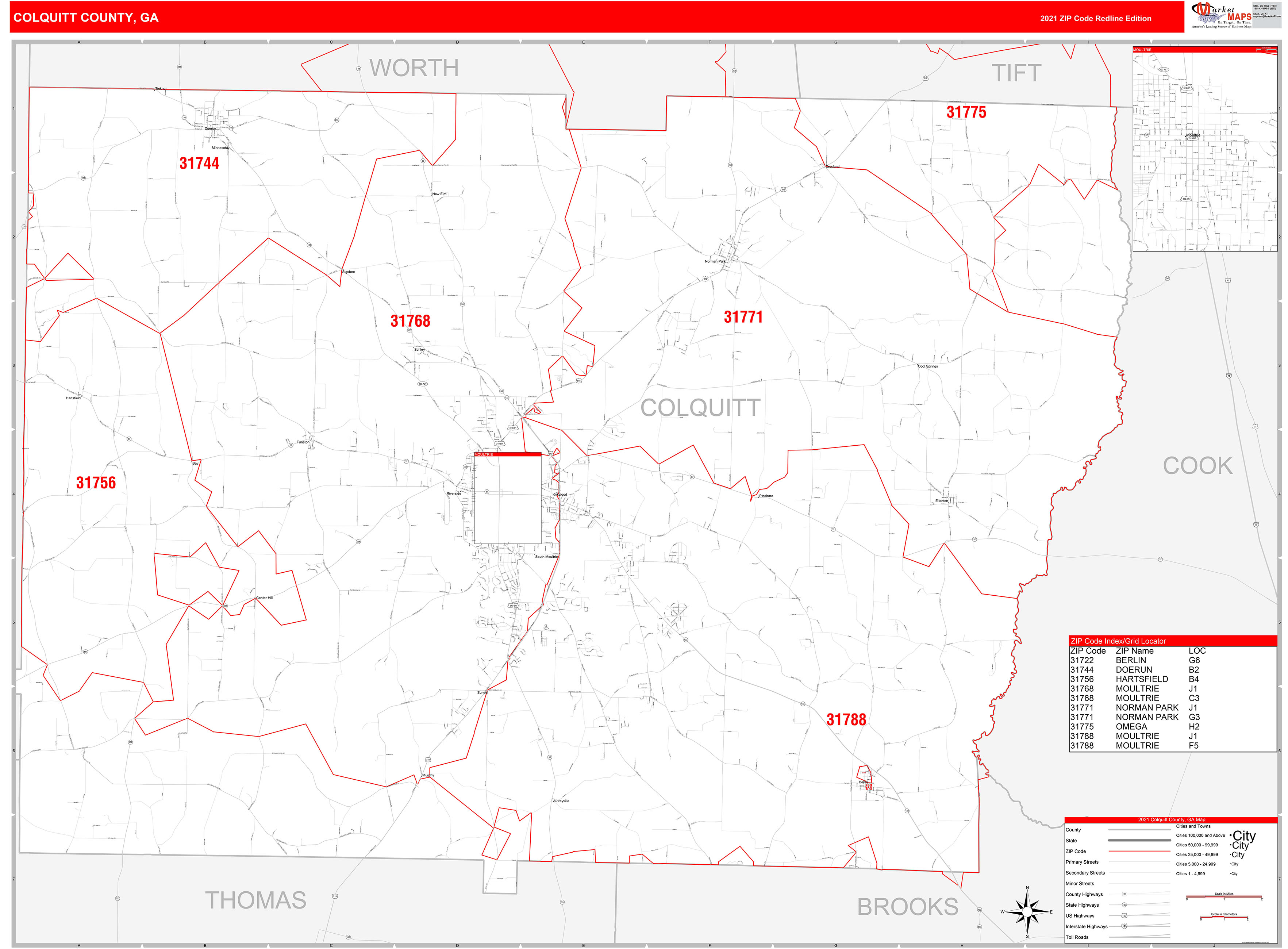 Colquitt County, GA Zip Code Wall Map Red Line Style by MarketMAPS