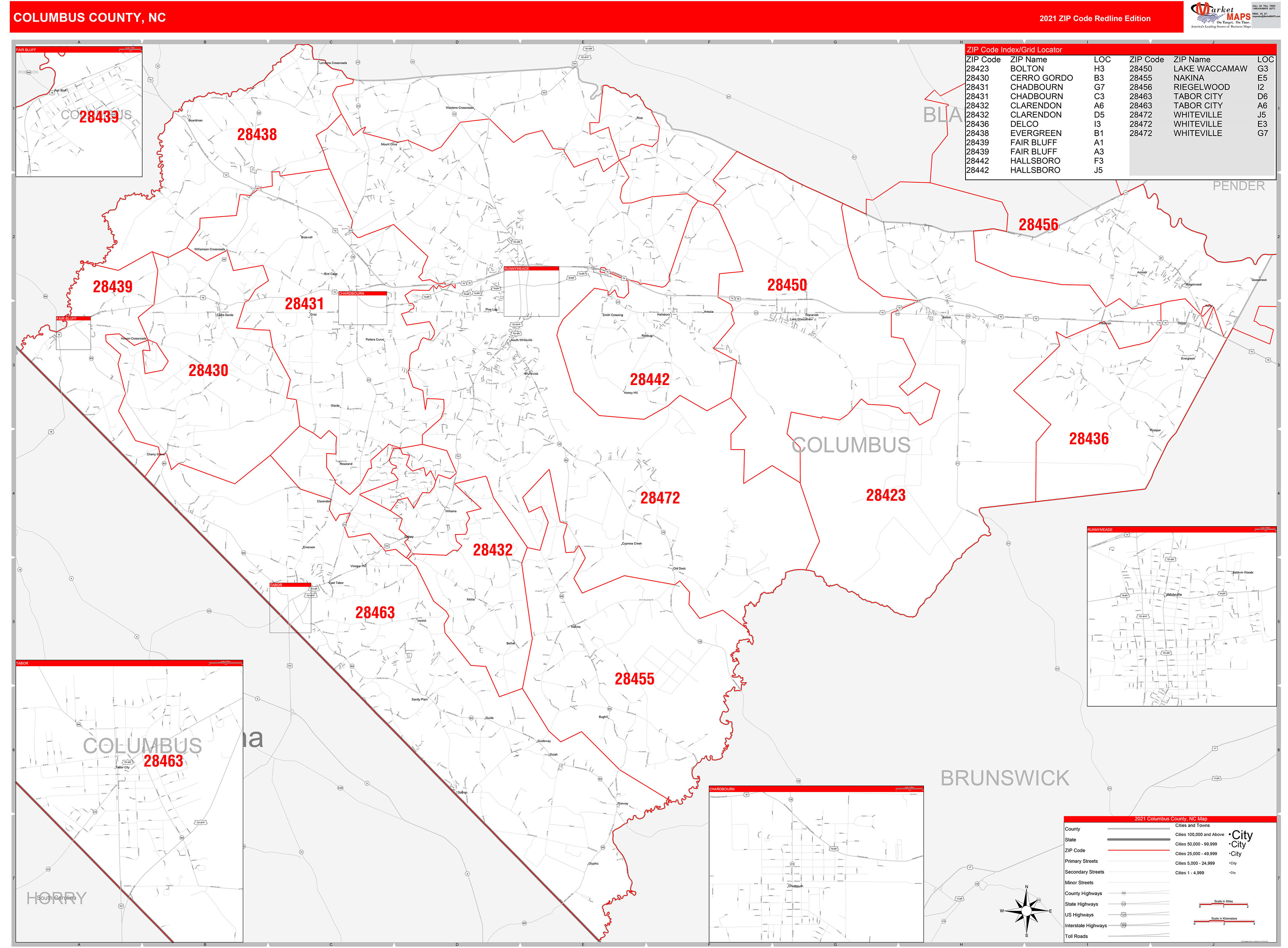 Columbus County, NC Zip Code Wall Map Red Line Style by MarketMAPS ...