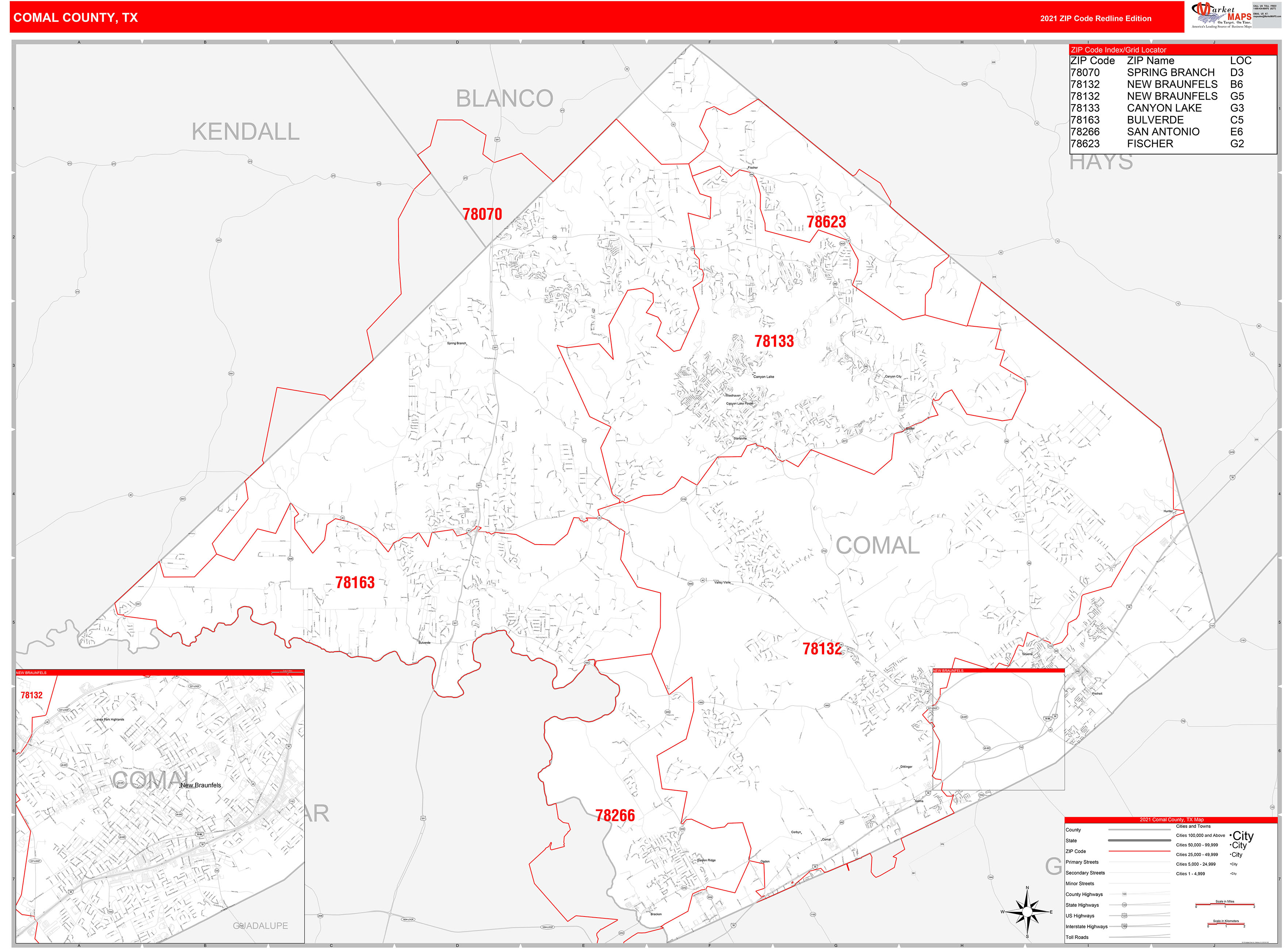 Comal County TX Zip Code Wall Map Red Line Style by MarketMAPS MapSales
