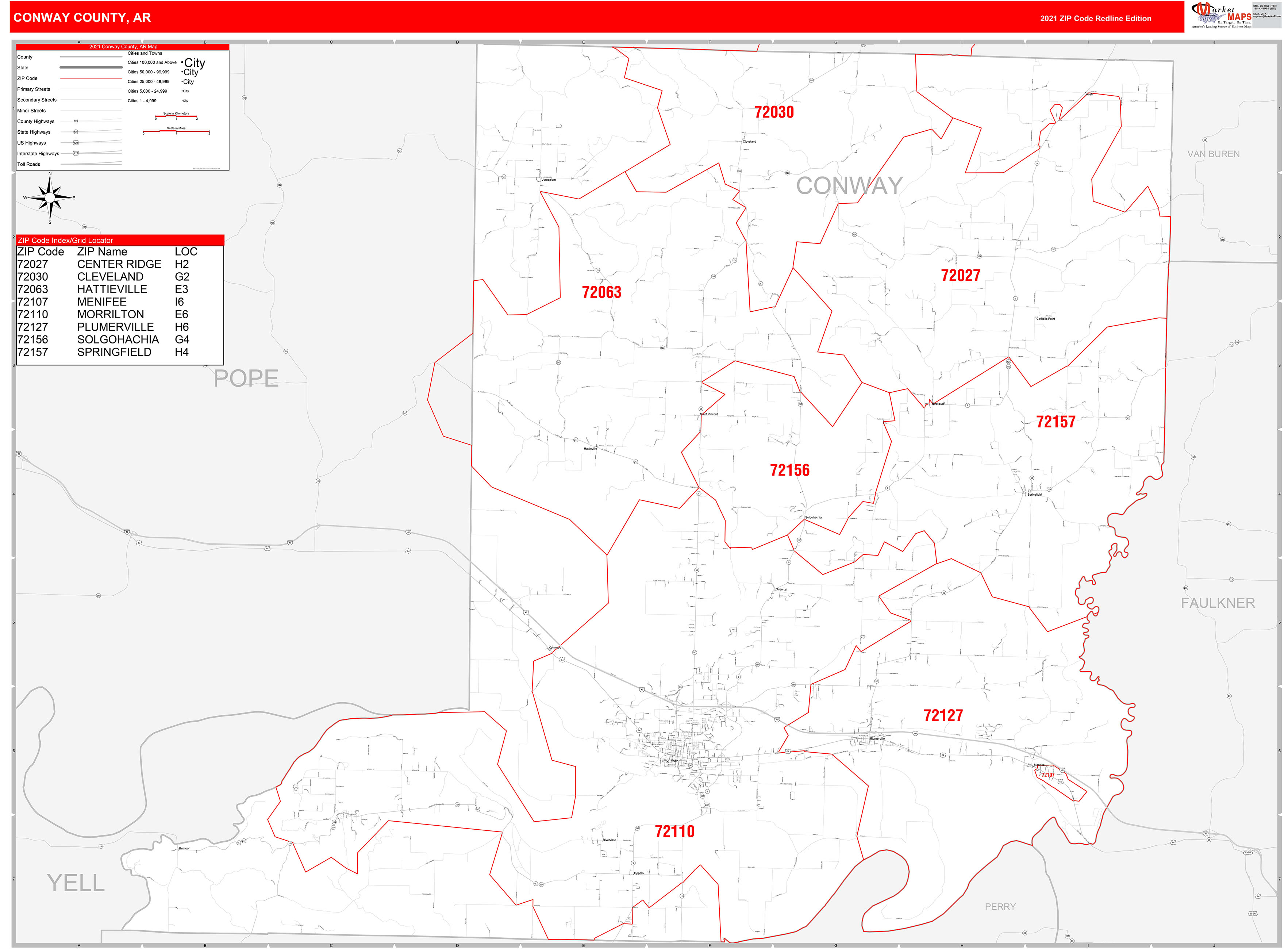 Conway County, AR Zip Code Wall Map Red Line Style by MarketMAPS ...