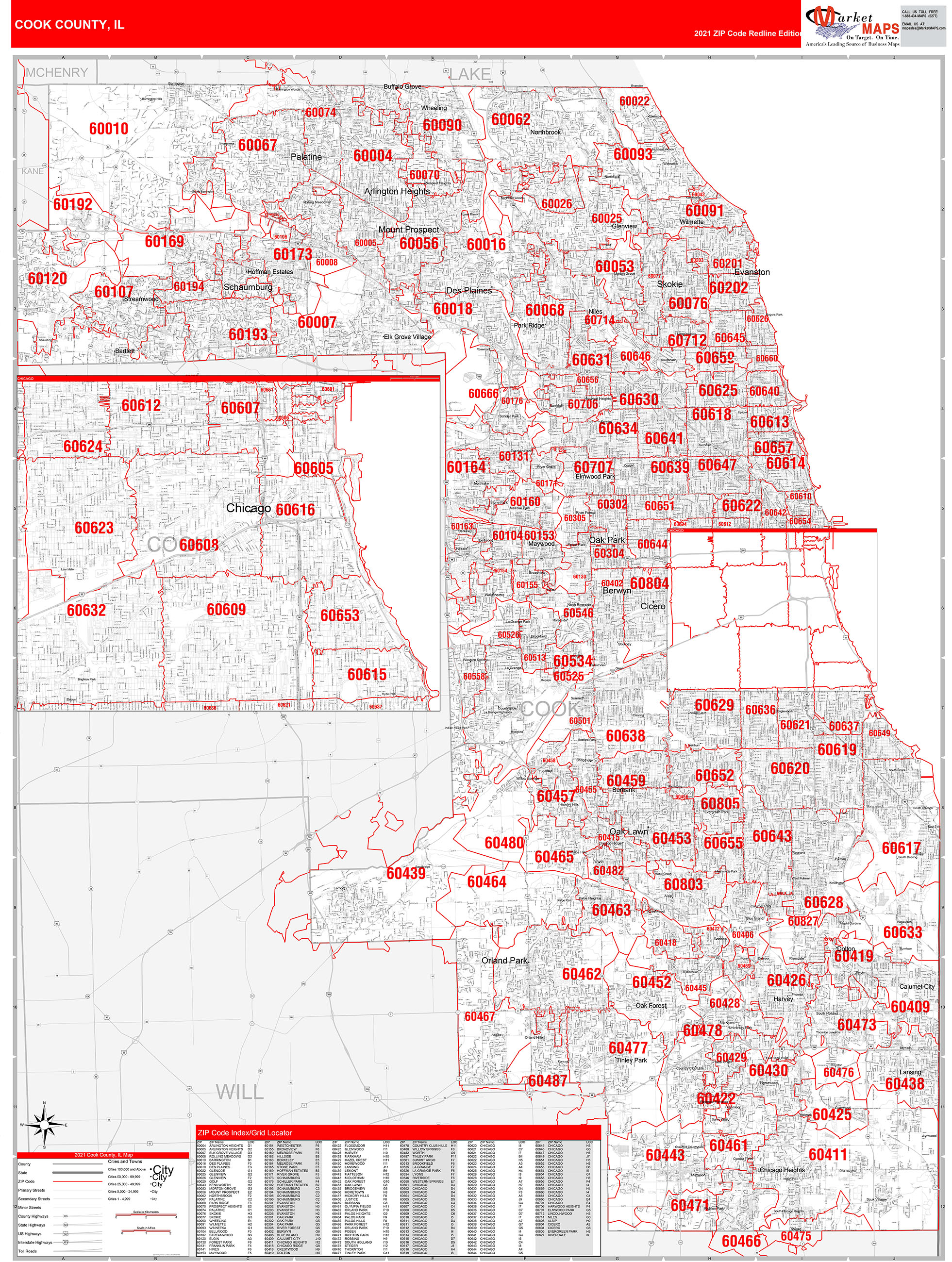 Cook County, IL Zip Code Wall Map Red Line Style by MarketMAPS MapSales