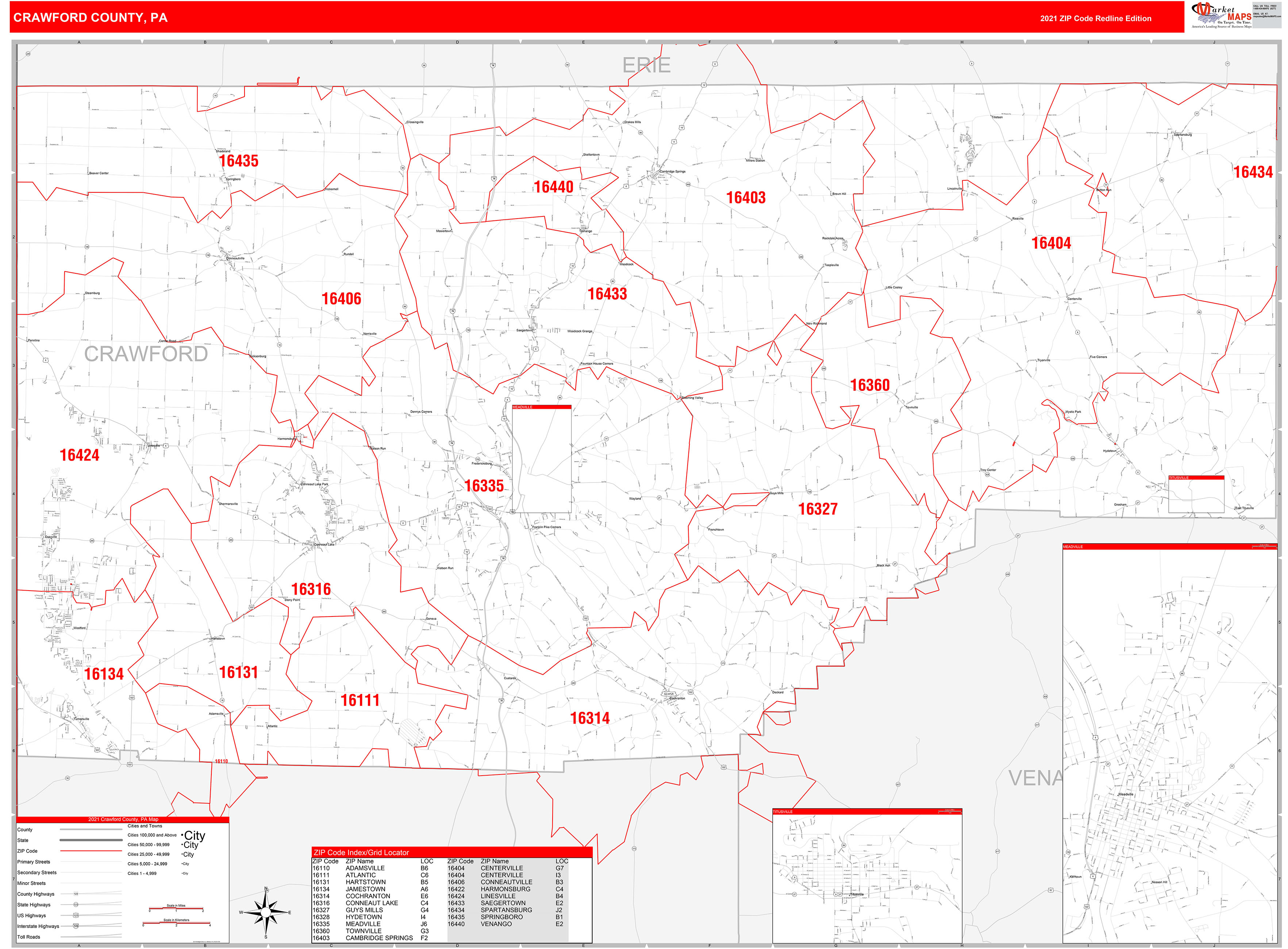 Crawford County Pa Zip Code Wall Map Red Line Style By Marketmaps Mapsales 0624