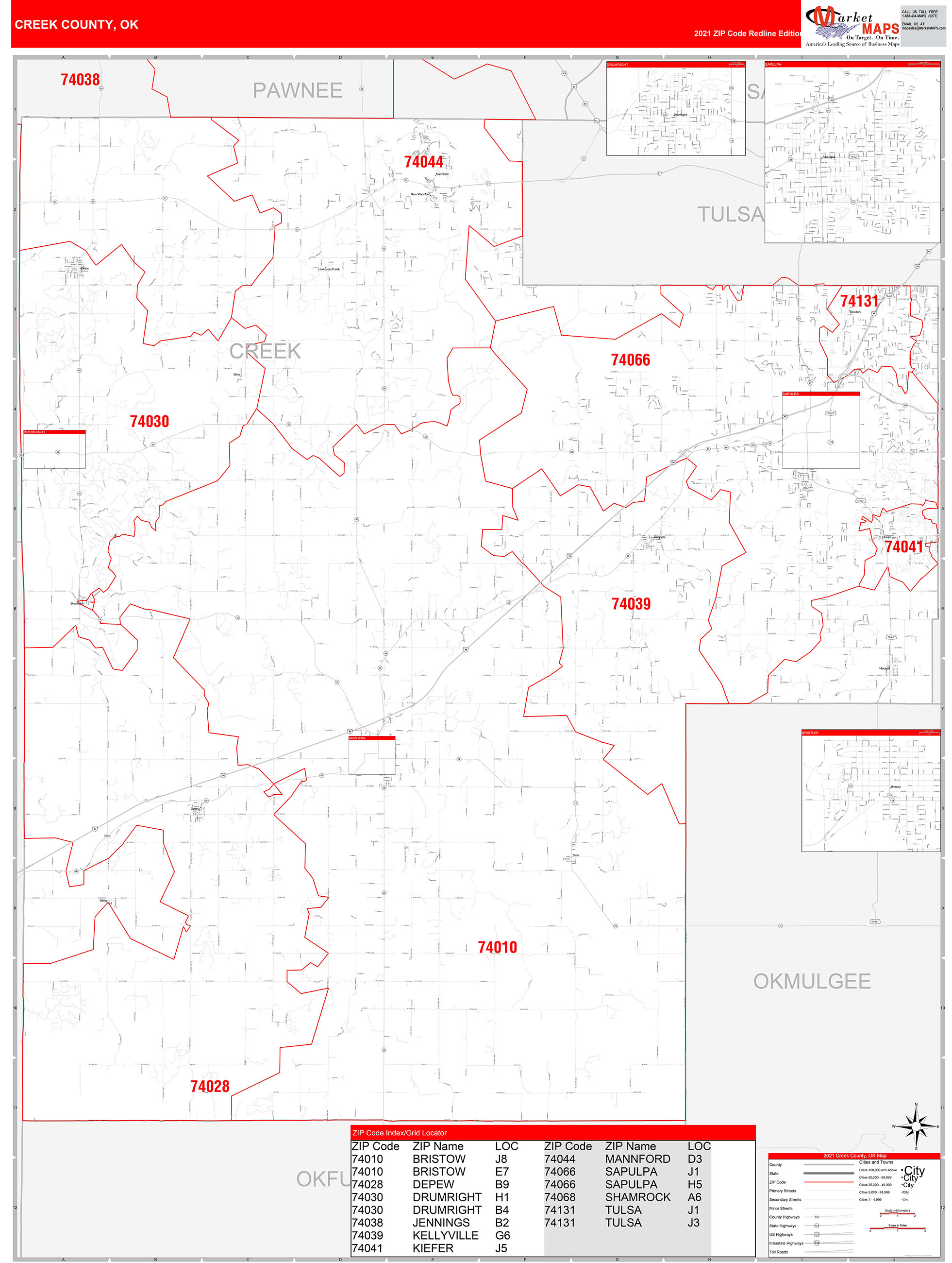 Creek County, OK Zip Code Wall Map Red Line Style by MarketMAPS ...