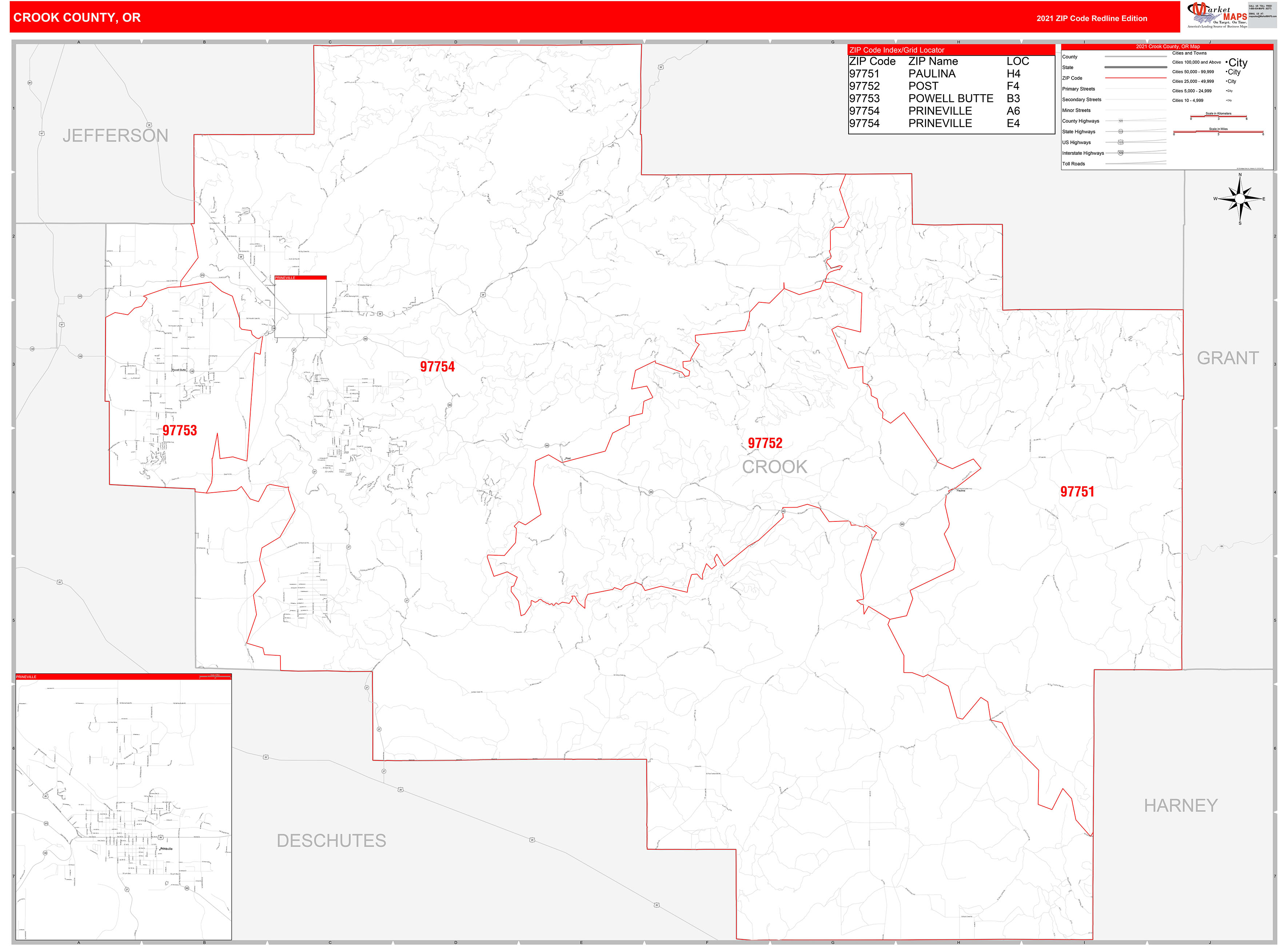 Crook County, OR Zip Code Wall Map Red Line Style by MarketMAPS