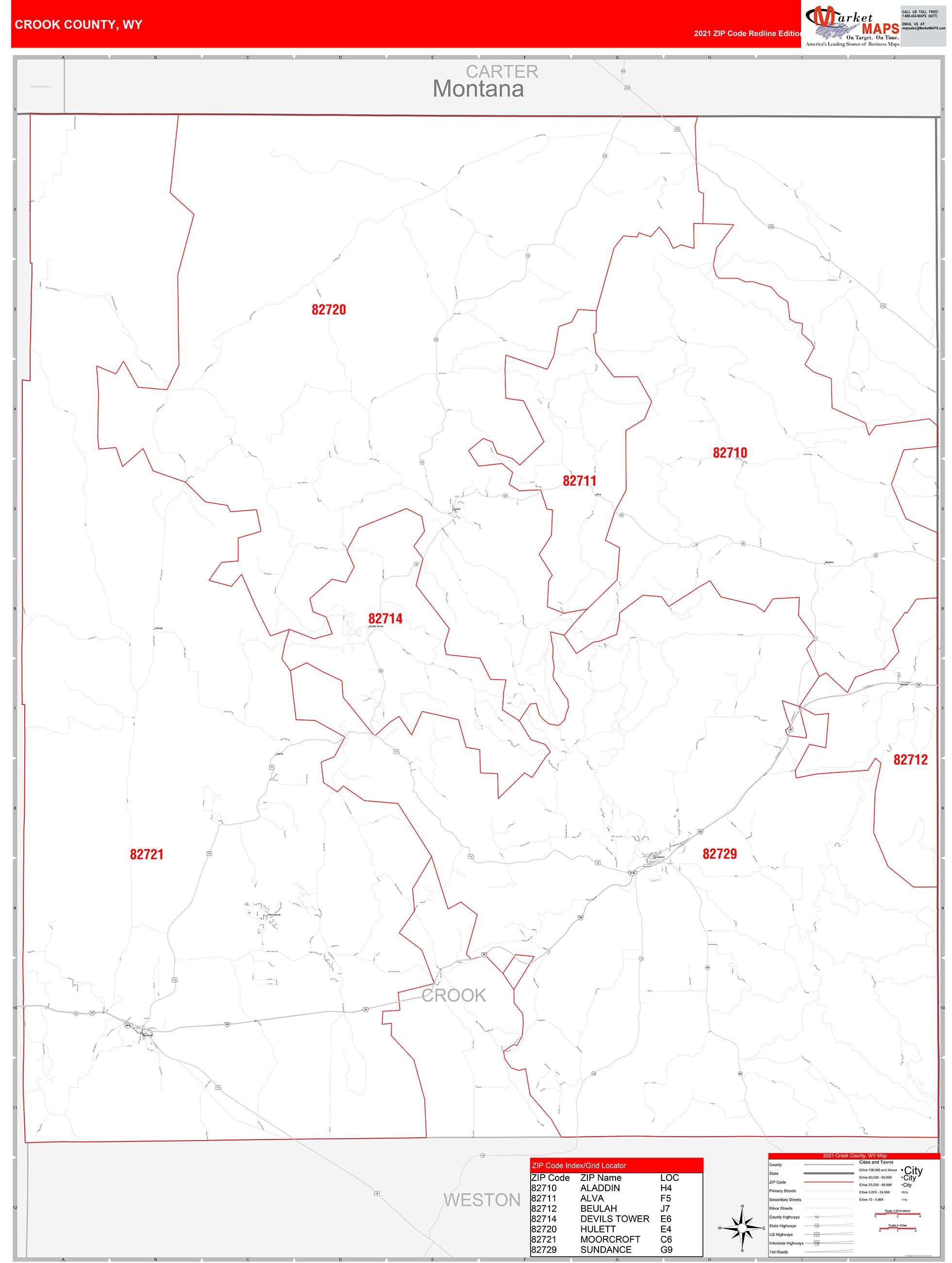 Crook County, WY Zip Code Wall Map Red Line Style by MarketMAPS - MapSales